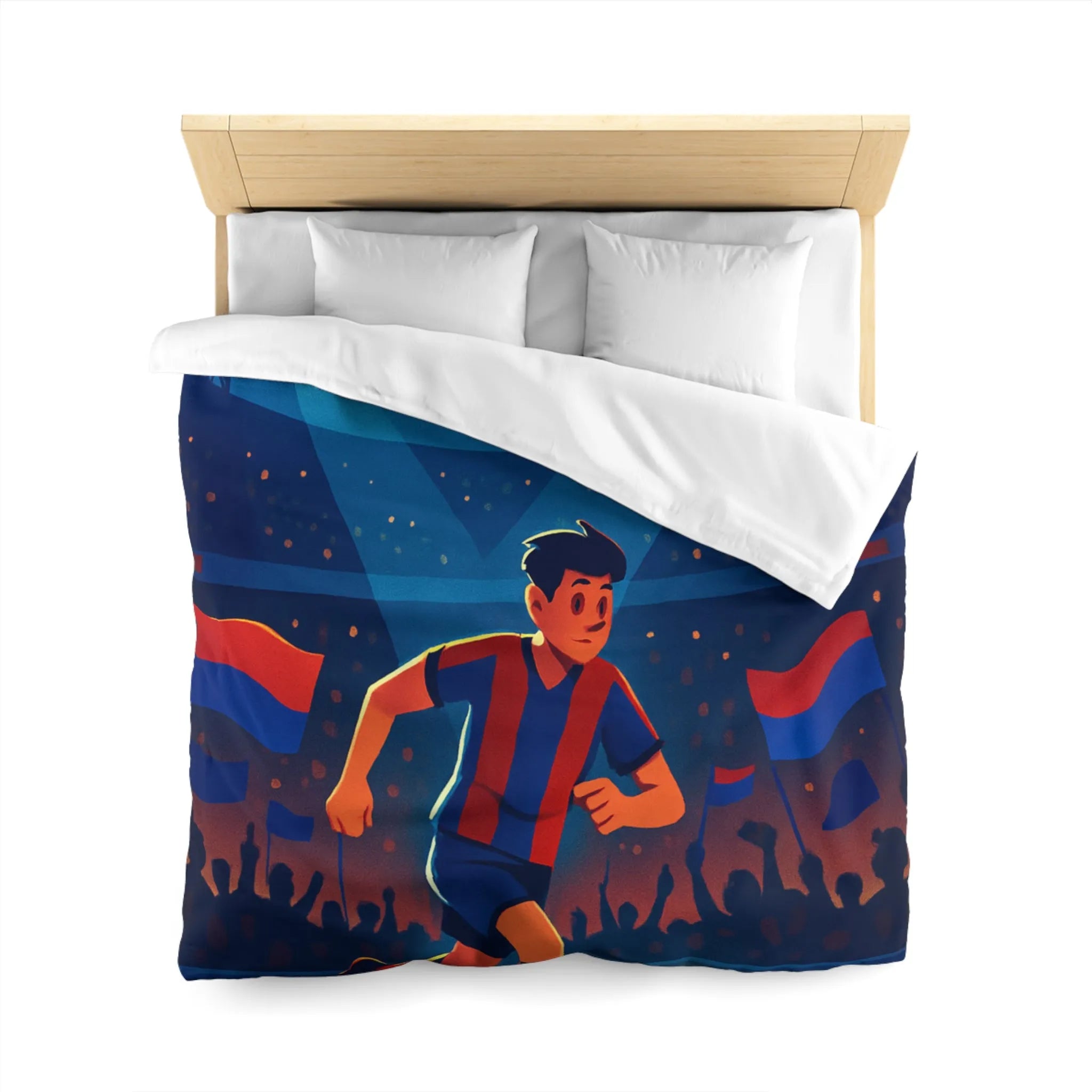 Housse de couette colorée illustrant un joueur de football vibrant sous les projecteurs nocturnes