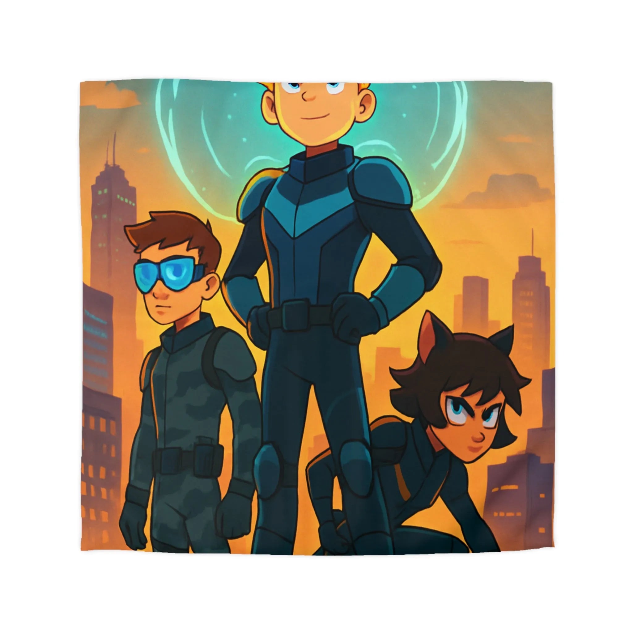 Ensemble d'aventure animé avec enfants héros sur fond urbain au crépuscule