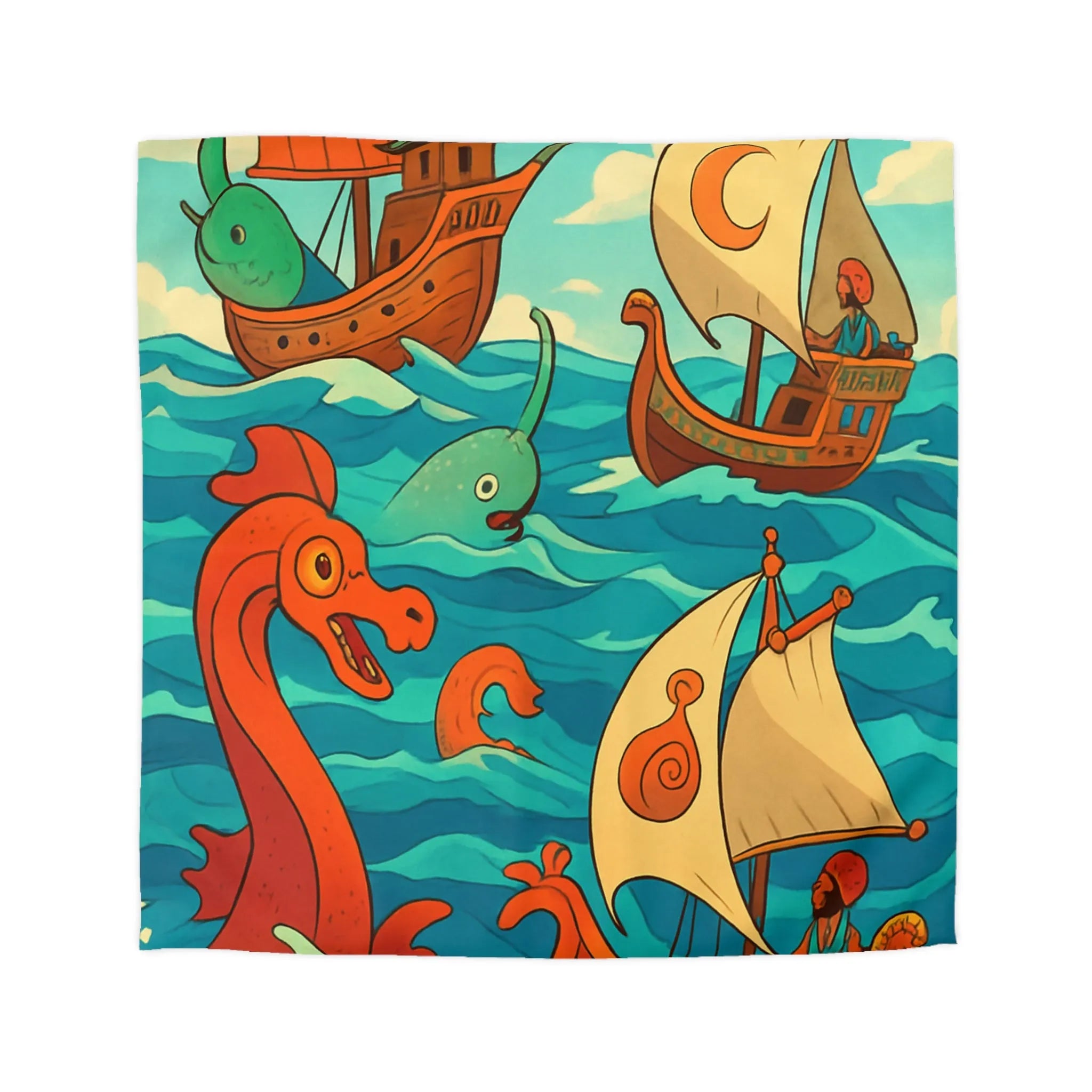 Housse de Couette Colorée avec Bateaux et Créatures Maritimes dans Stil Nautique Fantasy