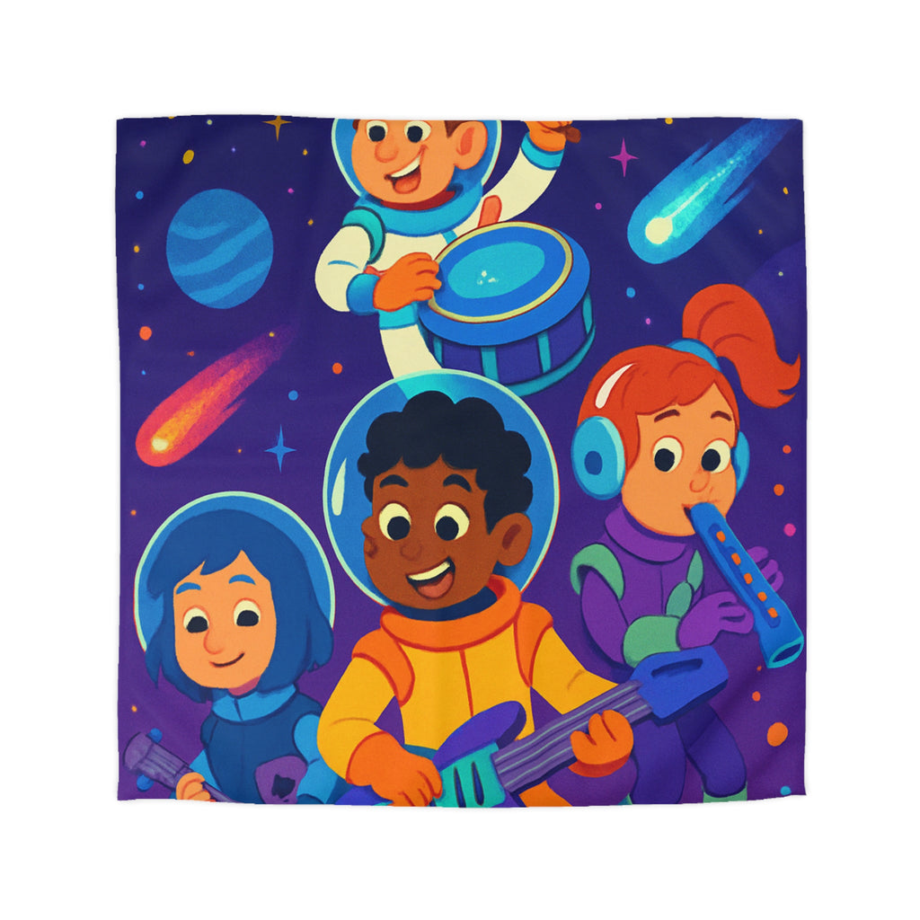 Housse de couette spatiale colorée avec enfants musiciens et planètes virevoltantes