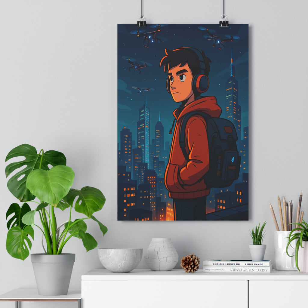 Poster décoratif urbain explorateur moderne vibrant cartoon orange lumineux chambre dynamique tendance aventure ambiance