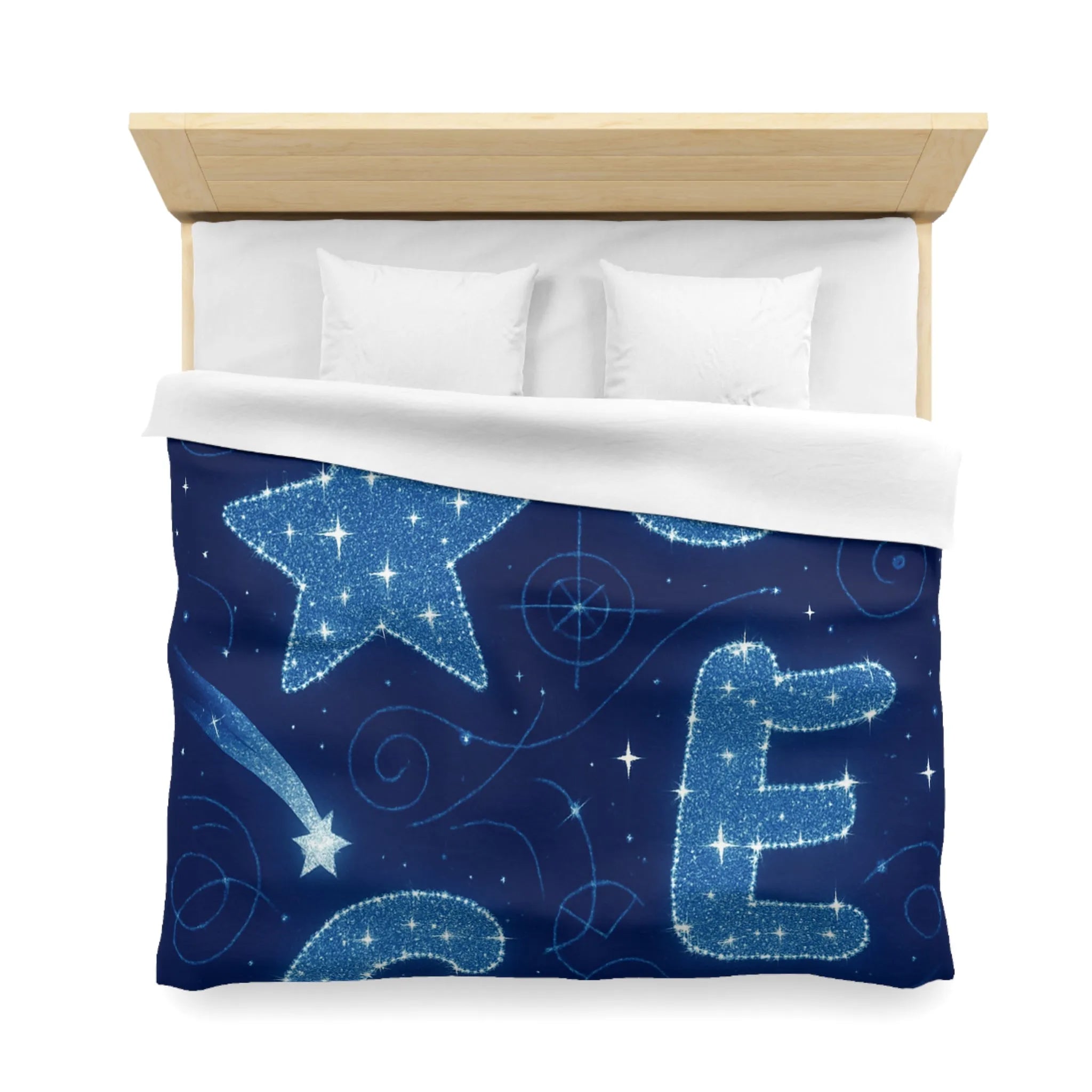 Housse de couette espace étoilé avec lettres scintillantes et planètes en arrière-plan