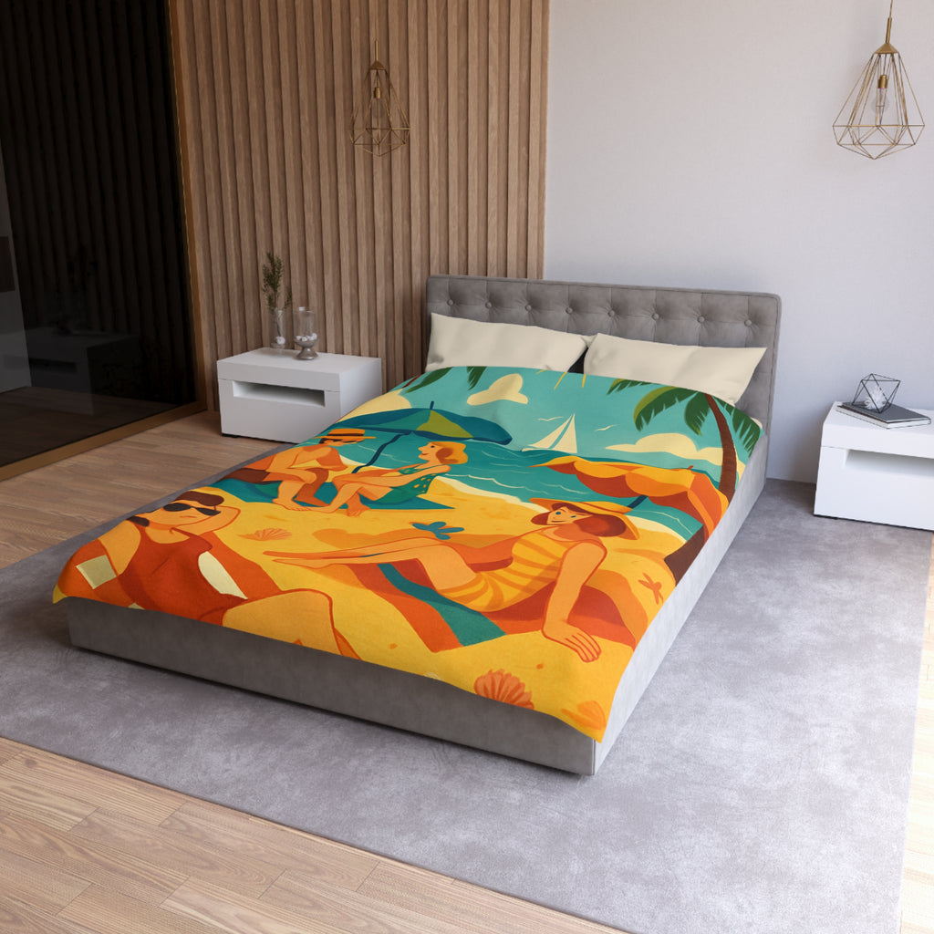 Housse de couette rétro plage colorée avec palmiers, parasols et amis au soleil