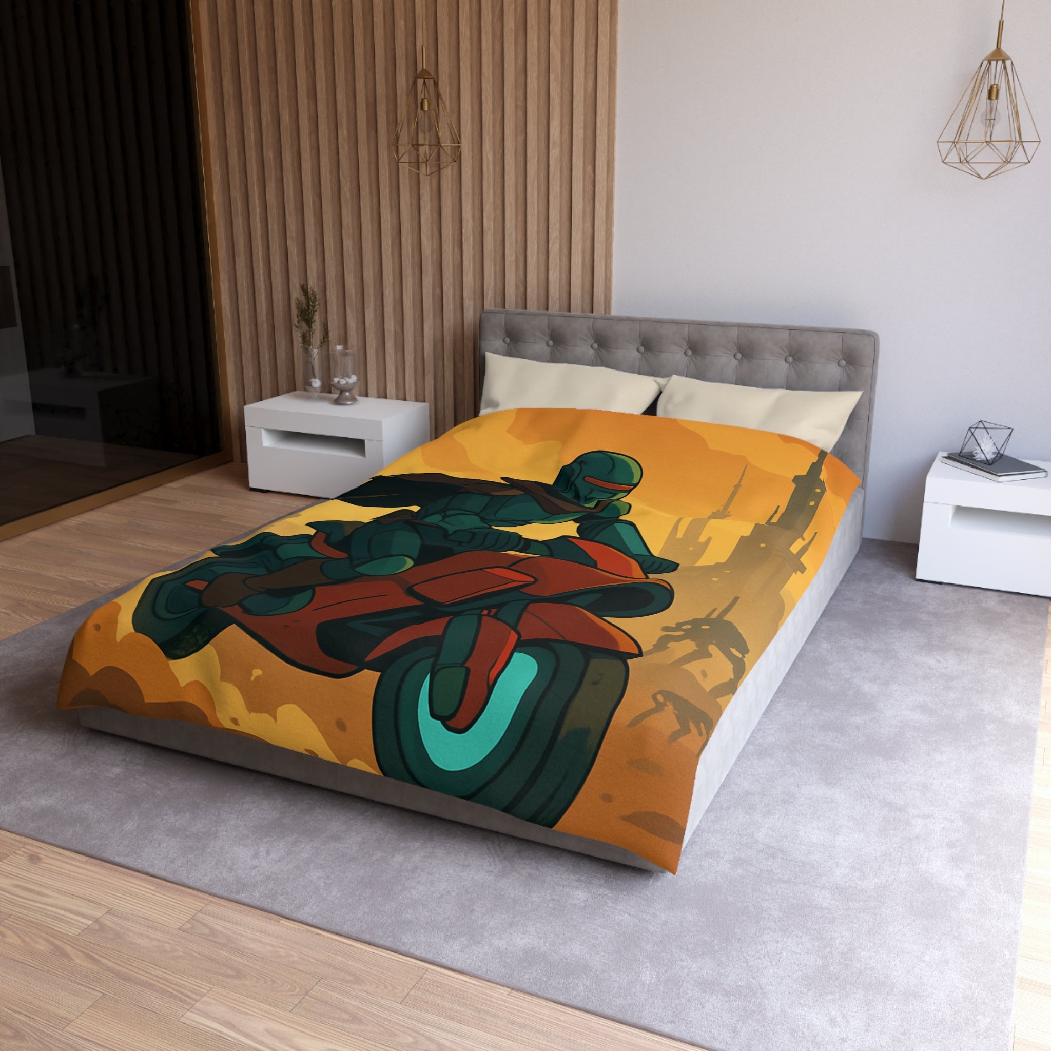 Housse de couette moto futuriste avec pilote en armure et paysage urbain orange