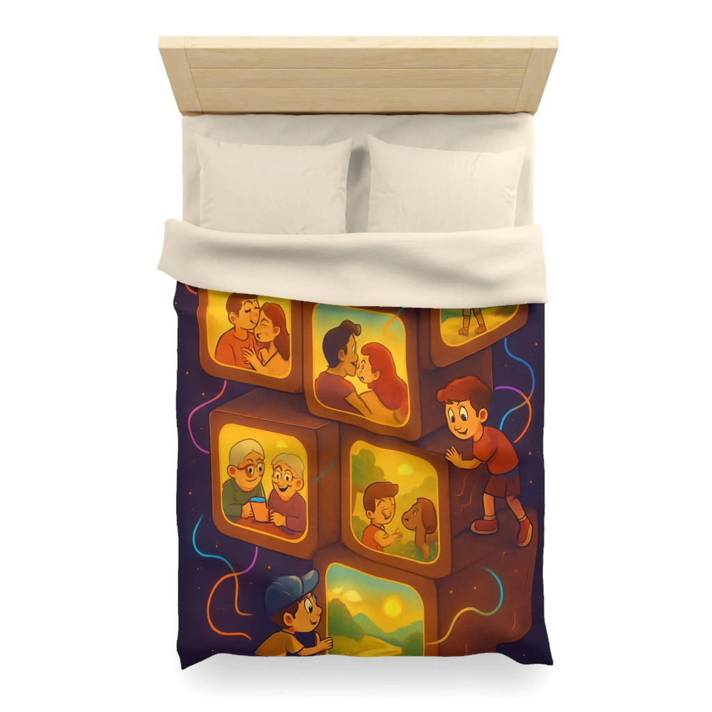 Housse de Couette Illustrée avec Scènes de Famille et Couleurs Chaudes, Ambiance Rétro