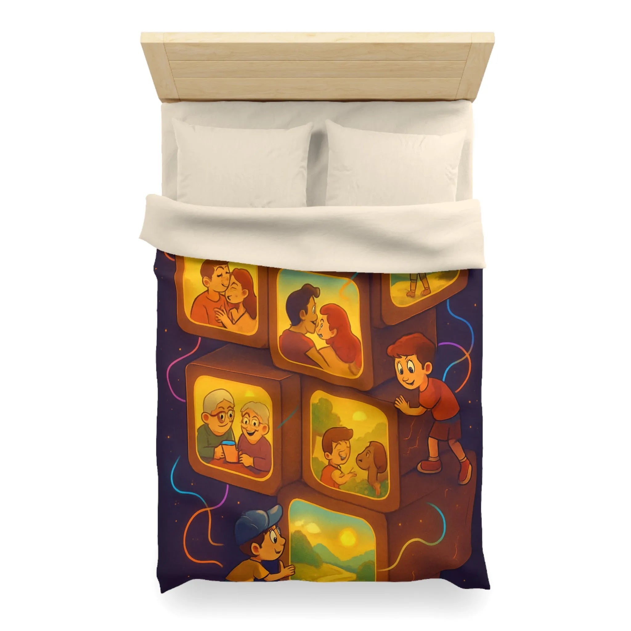 Housse de Couette Illustrée avec Scènes de Famille et Couleurs Chaudes, Ambiance Rétro