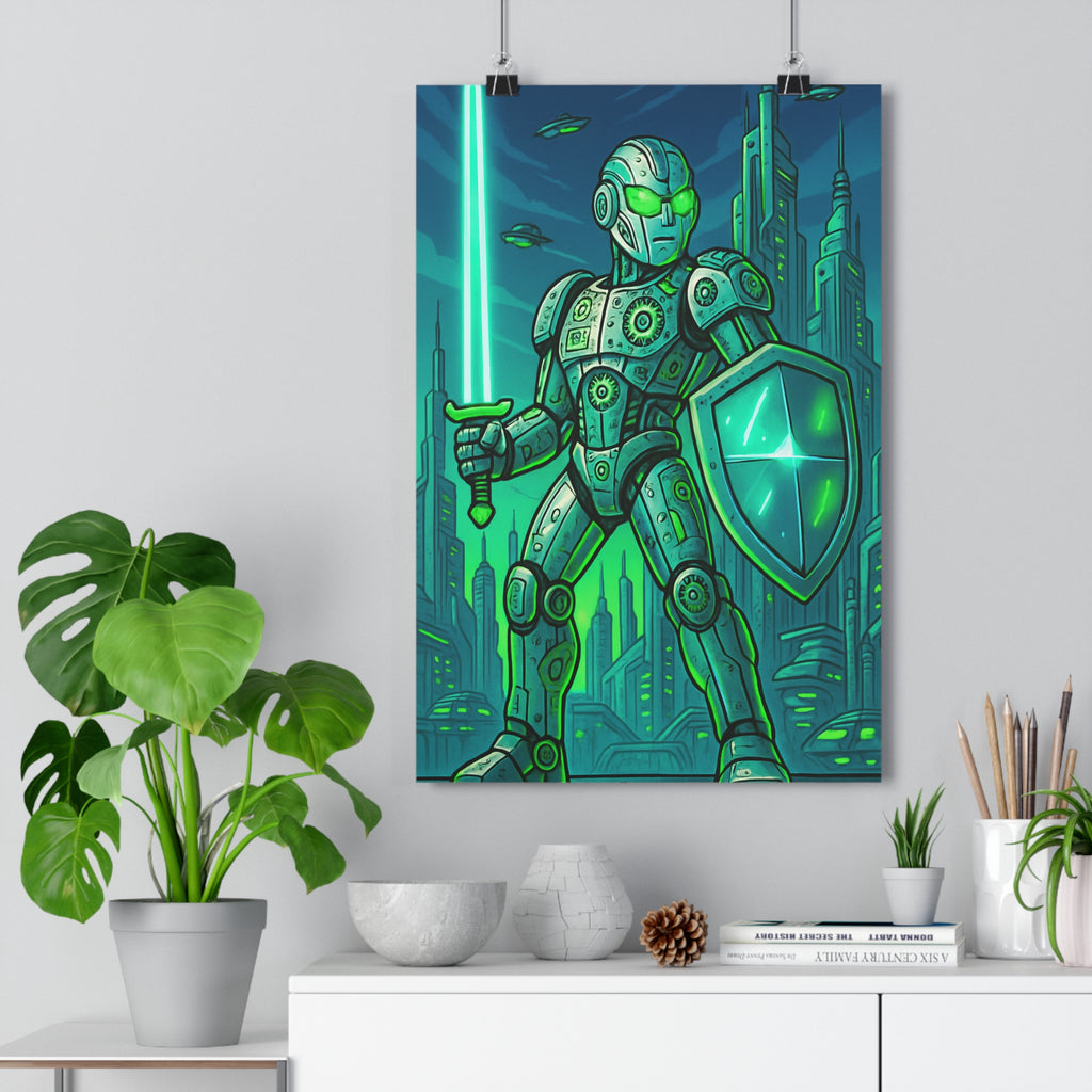 Poster décoratif guerrier futuriste métal bleu vert dessin animé moderne chambre bureau dynamique qualité