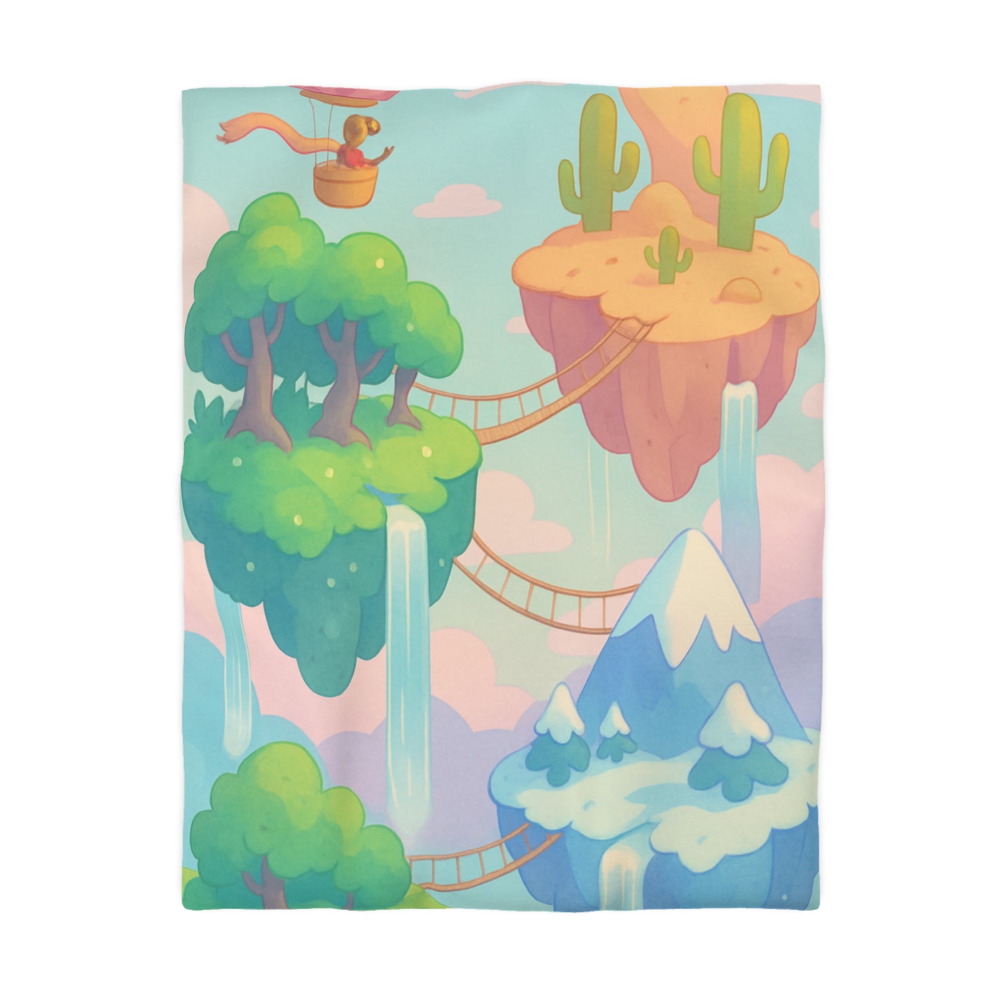 Housse de couette rêveuse avec montgolfière et îles flottantes féeriques en pastel
