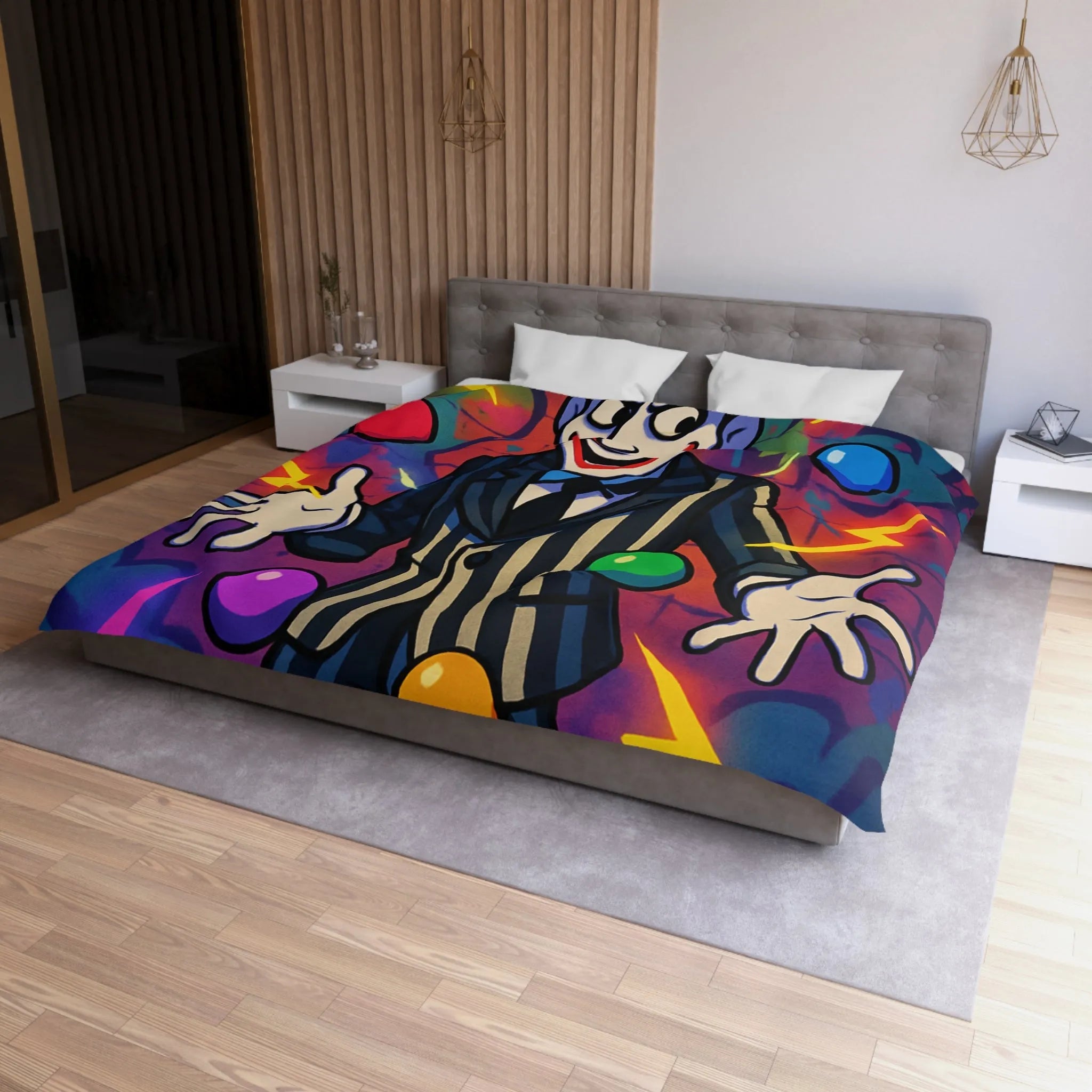 Housse de couette clown rayé jonglant avec des éclairs et des formes colorées