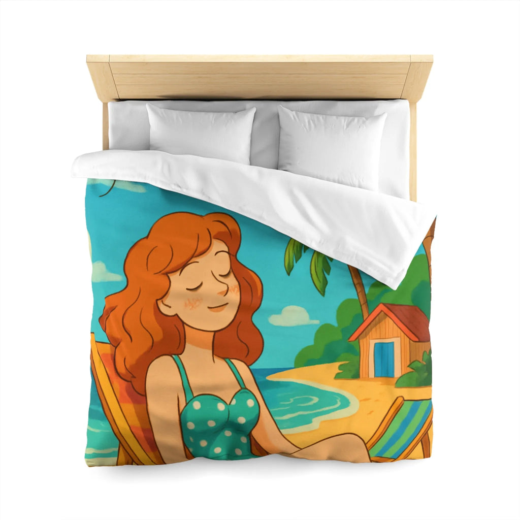 Housse de couette illustrée plage relaxante avec fille et cerf-volant coloré