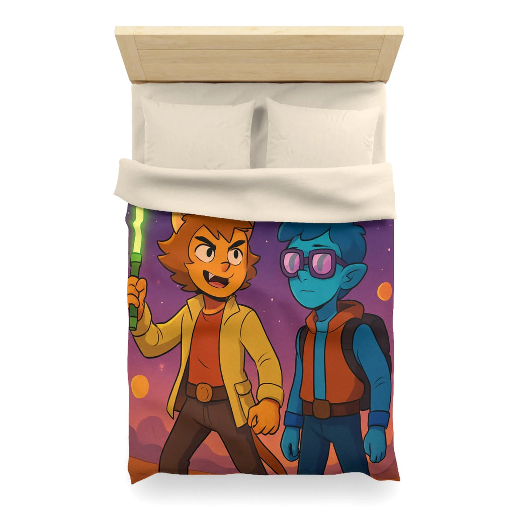 Housse de couette avec deux personnages dans l'espace, ambiance rétro futuriste colorée