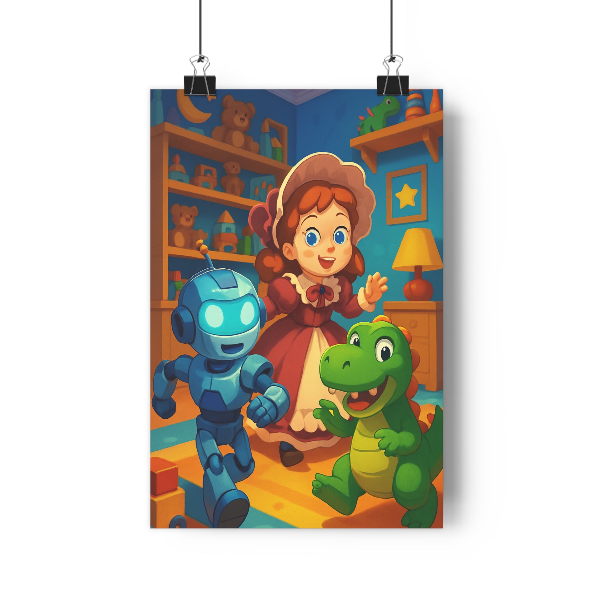 Poster décoratif chambre enfant rétro pastel joyeux scène jouets cartoon nostalgique poupée dinosaure robot