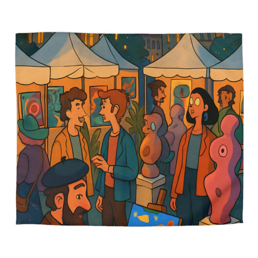 Housse de couette avec scène de marché nocturne animé et sculptures colorées