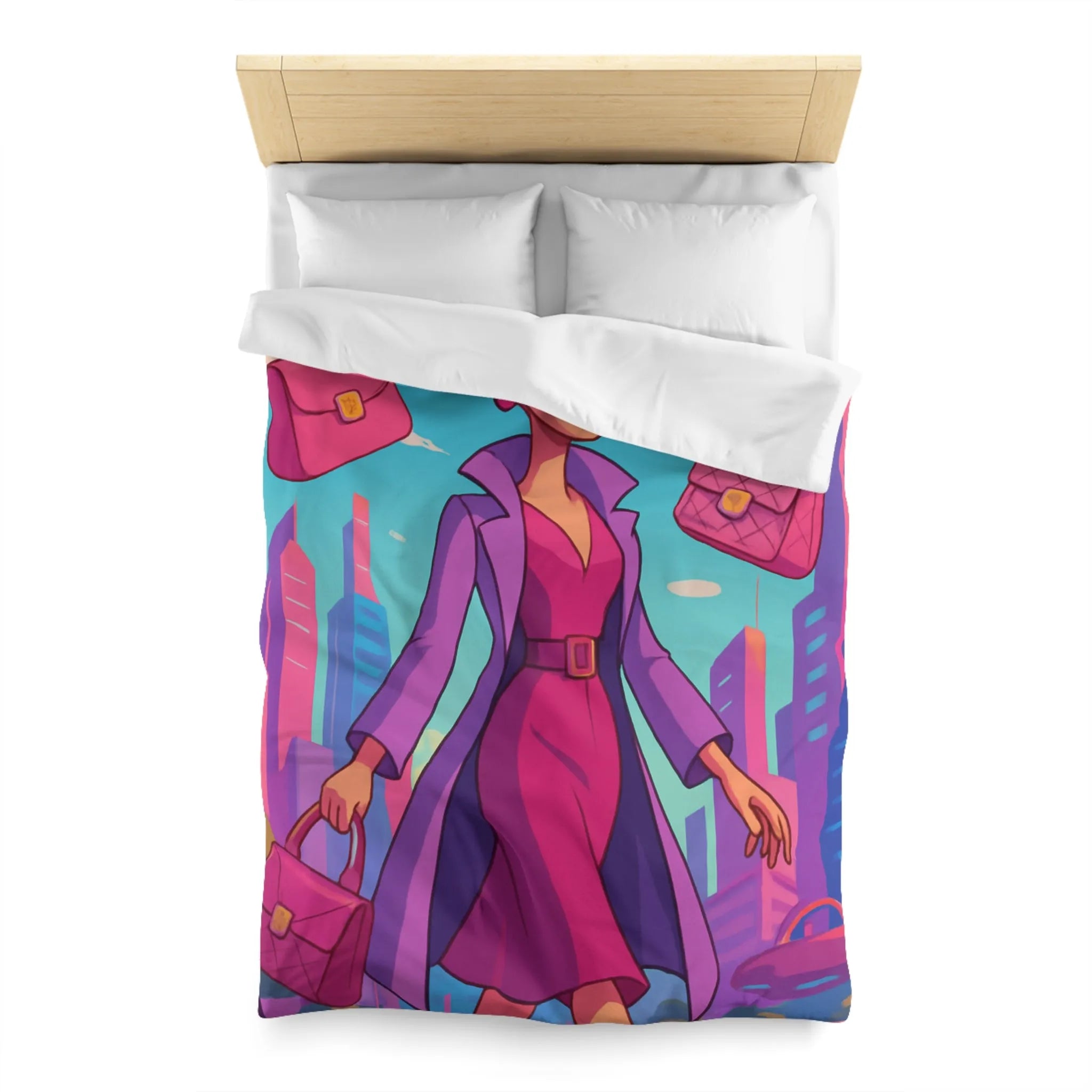 Élégante illustration urbaine rétro-futuriste avec personnage glamour et accessoires stylés en rose