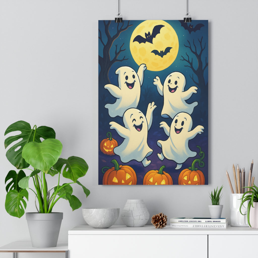 Poster décoratif joyeux mystique bleu blanc orange chambre salon halloween fantôme citrouille lune atmosphère