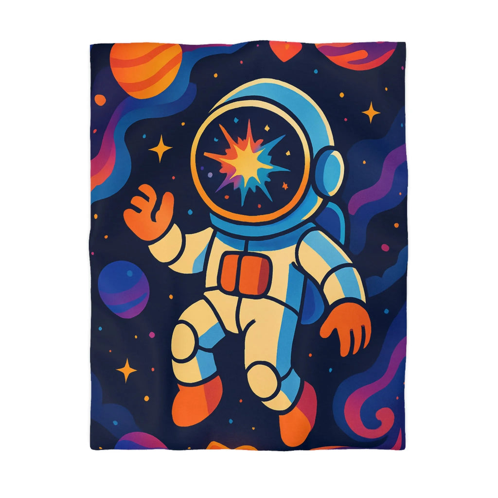 Housse de Couette Astronaute Colorée Flottant dans Cosmos Rempli de Planètes Vives et Coeurs