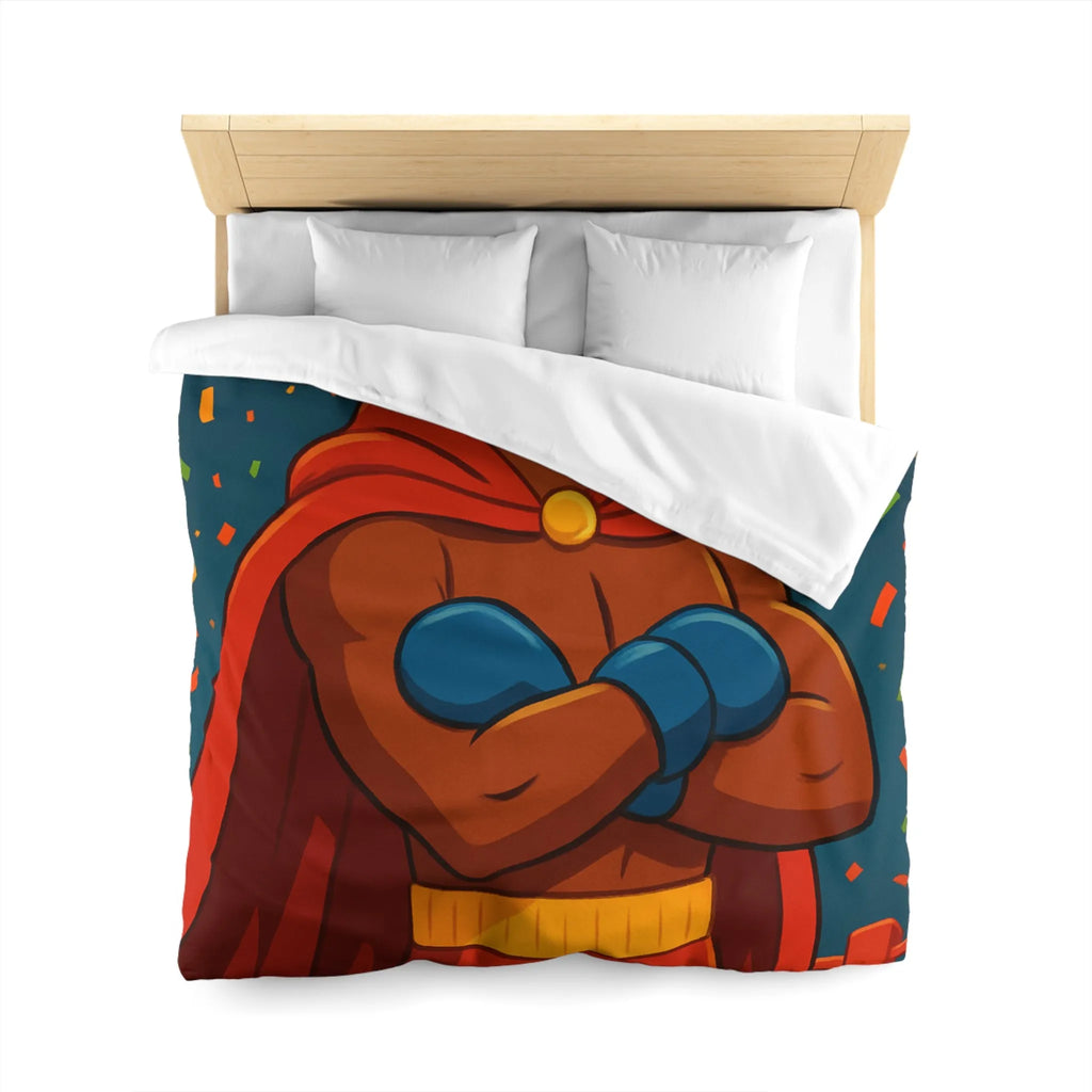 Housse de couette colorée avec boxeur couronné, cape rouge et feux d'artifice