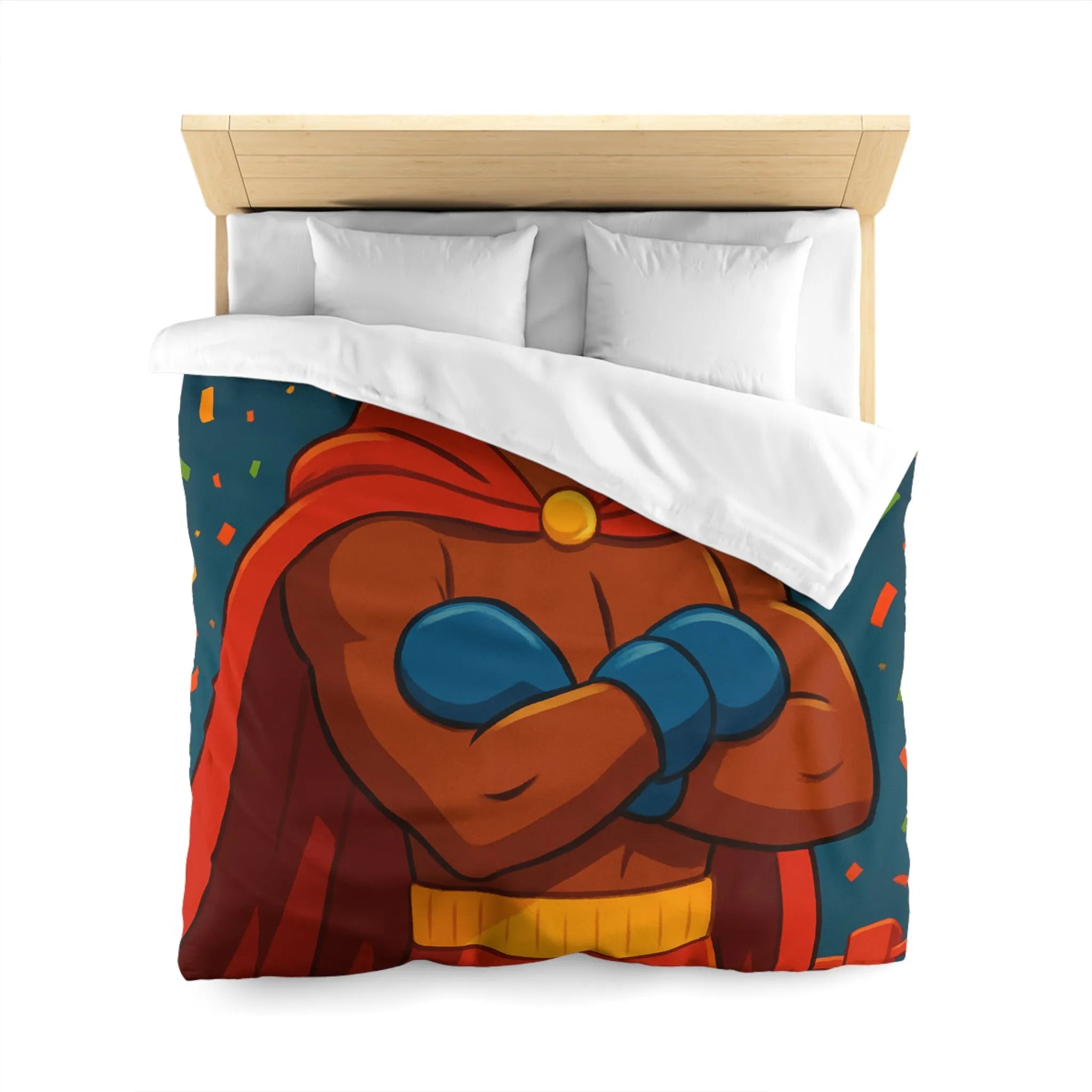 Housse de couette colorée avec boxeur couronné, cape rouge et feux d'artifice