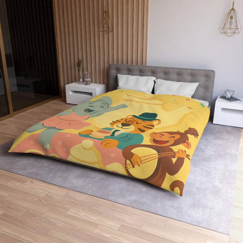 Housse de couette enfantine colorée avec éléphant, tigre et singe en fête joyeuse