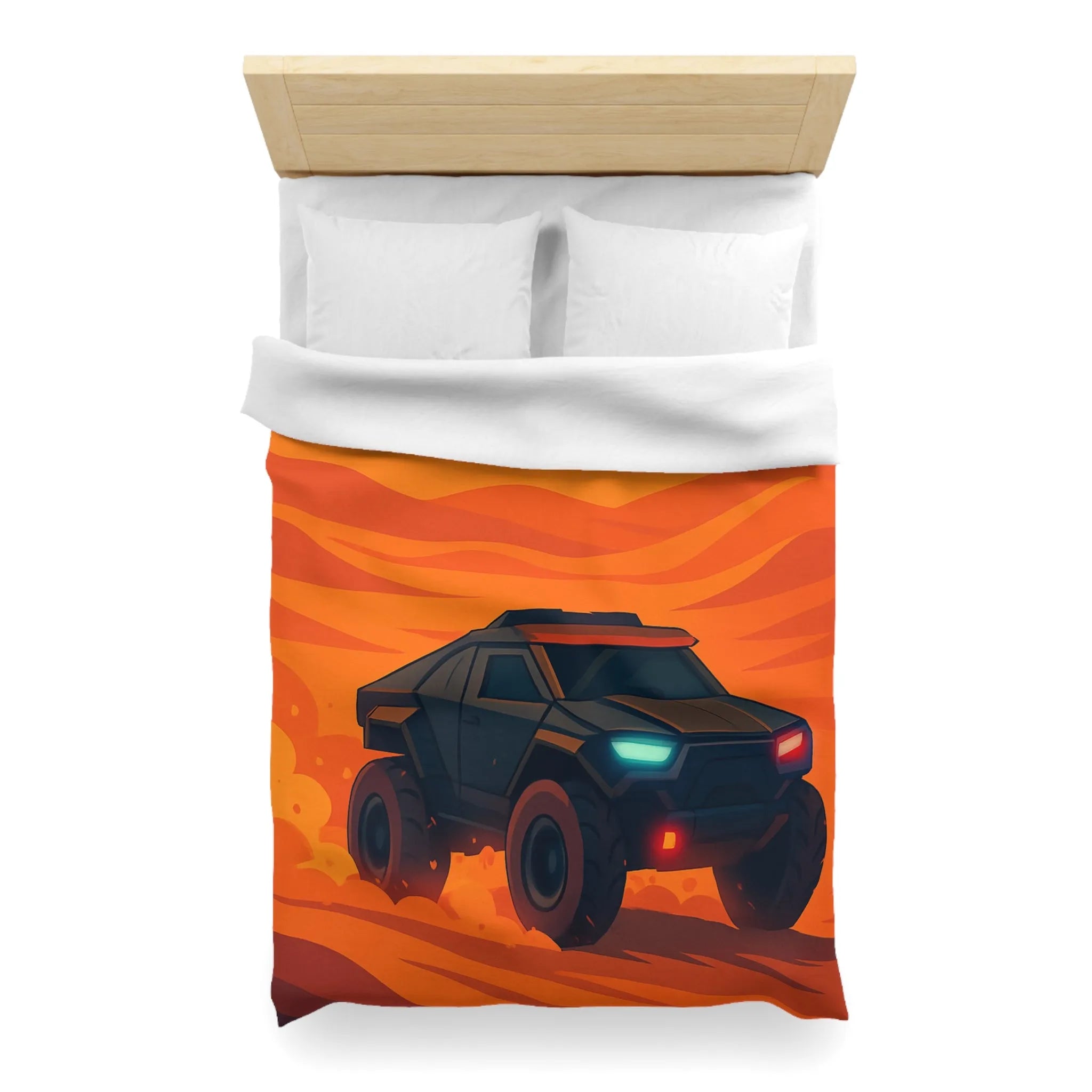 Housse de couette avec design de voiture tout-terrain dans désert orange au coucher du soleil
