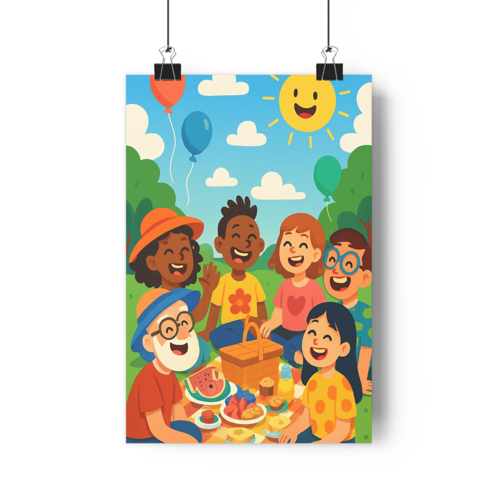 Poster décoratif dessin animé coloré joyeux chambre salon enfants amusant piquenique nature extérieur original