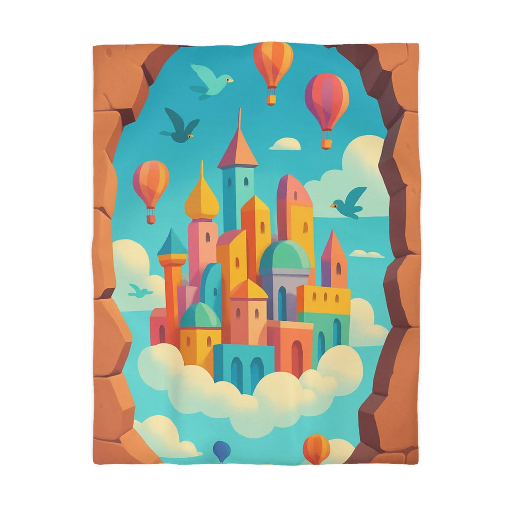 Housse de Couette Enfant Rêves Volants Château Flottant Ballons Multicolores Style Fantaisie