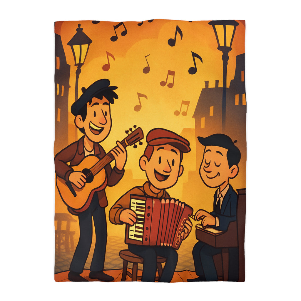 Housse de couette vintage ambiance musicale jazz avec trio de musiciens lumineux