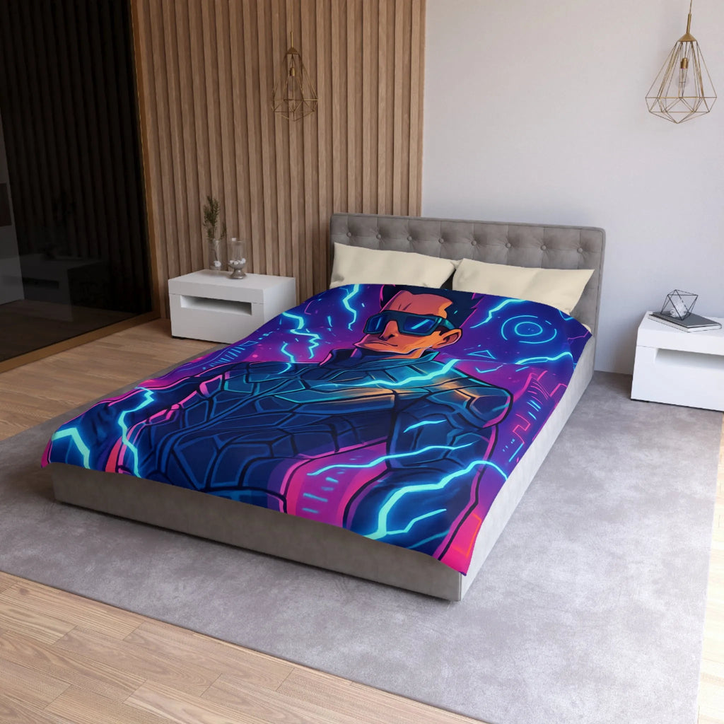 Housse de Couette Futuriste Cyberpunk avec Éclairs Électriques et Design Néon Énergétique