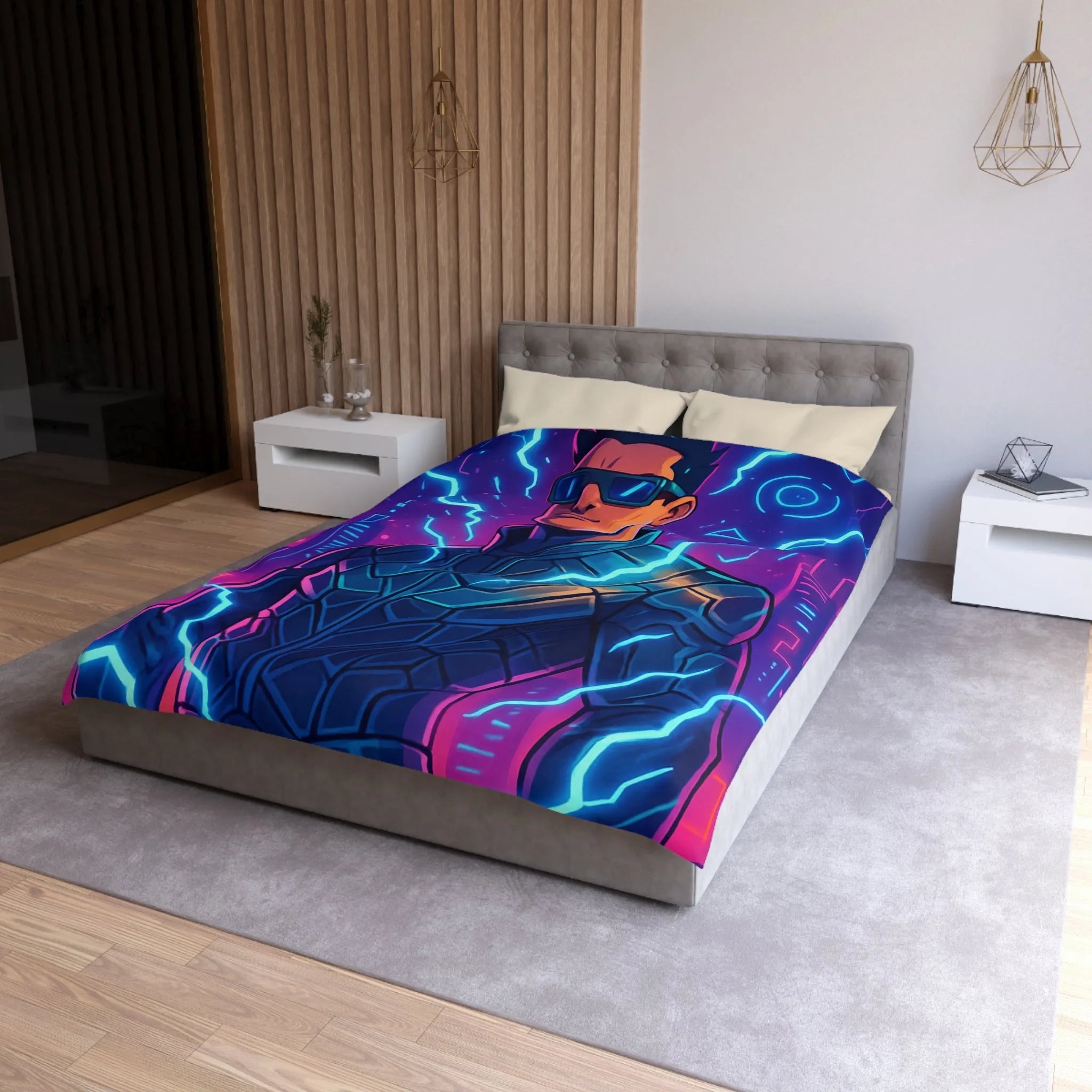 Housse de Couette Futuriste Cyberpunk avec Éclairs Électriques et Design Néon Énergétique