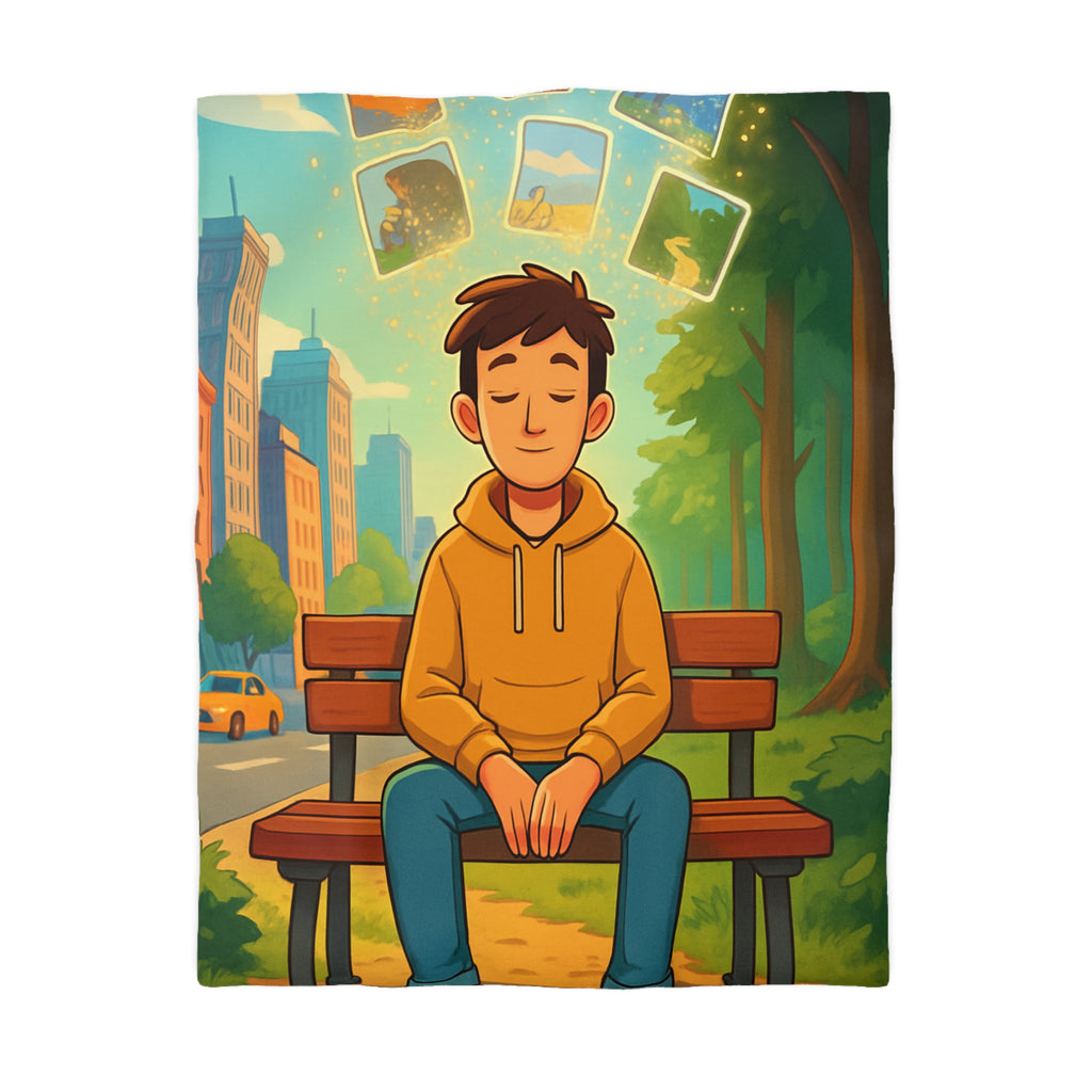 Housse de couette rêveuse garçon banco bois cartes illuminées parc illustré nature