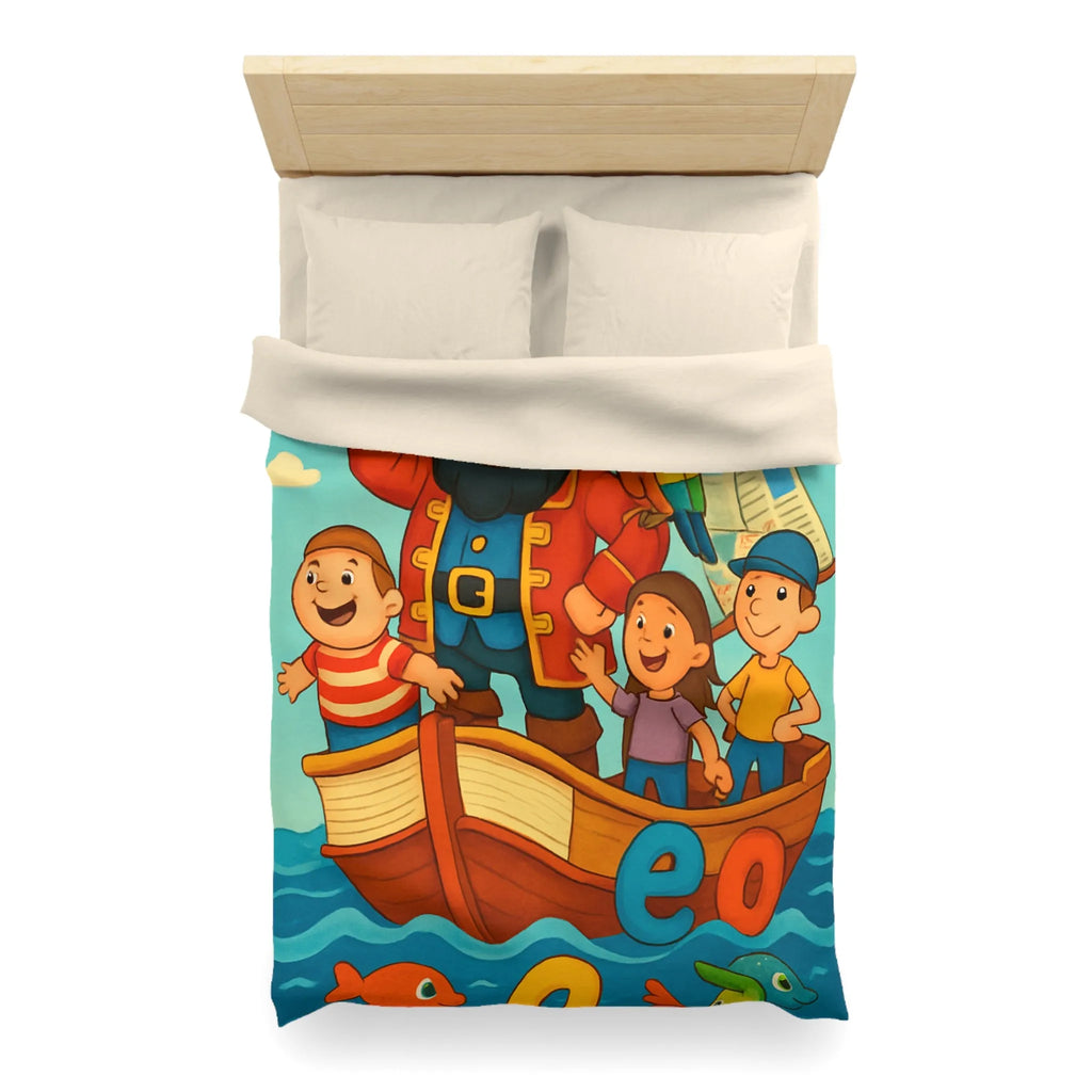 Housse de couette enfant pirate avec voyelles, perroquet et mer colorée