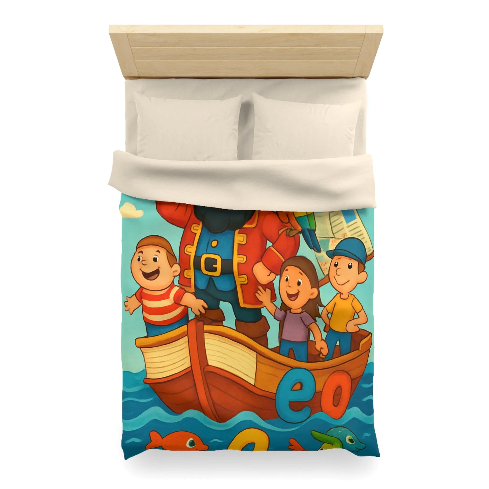 Housse de couette enfant pirate avec voyelles, perroquet et mer colorée