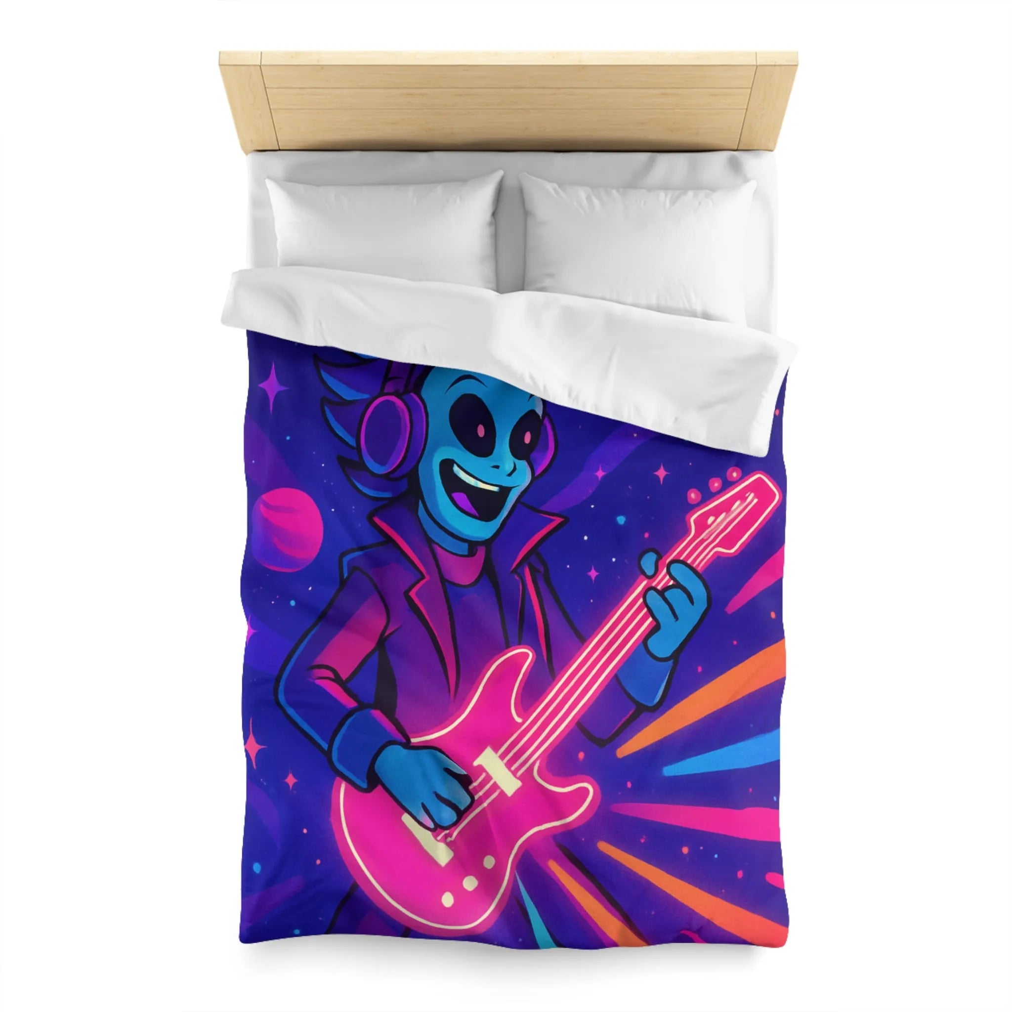 Housse de Couette Galactique avec Musicien Alien et Planètes Multicolores en Néon Vibrant