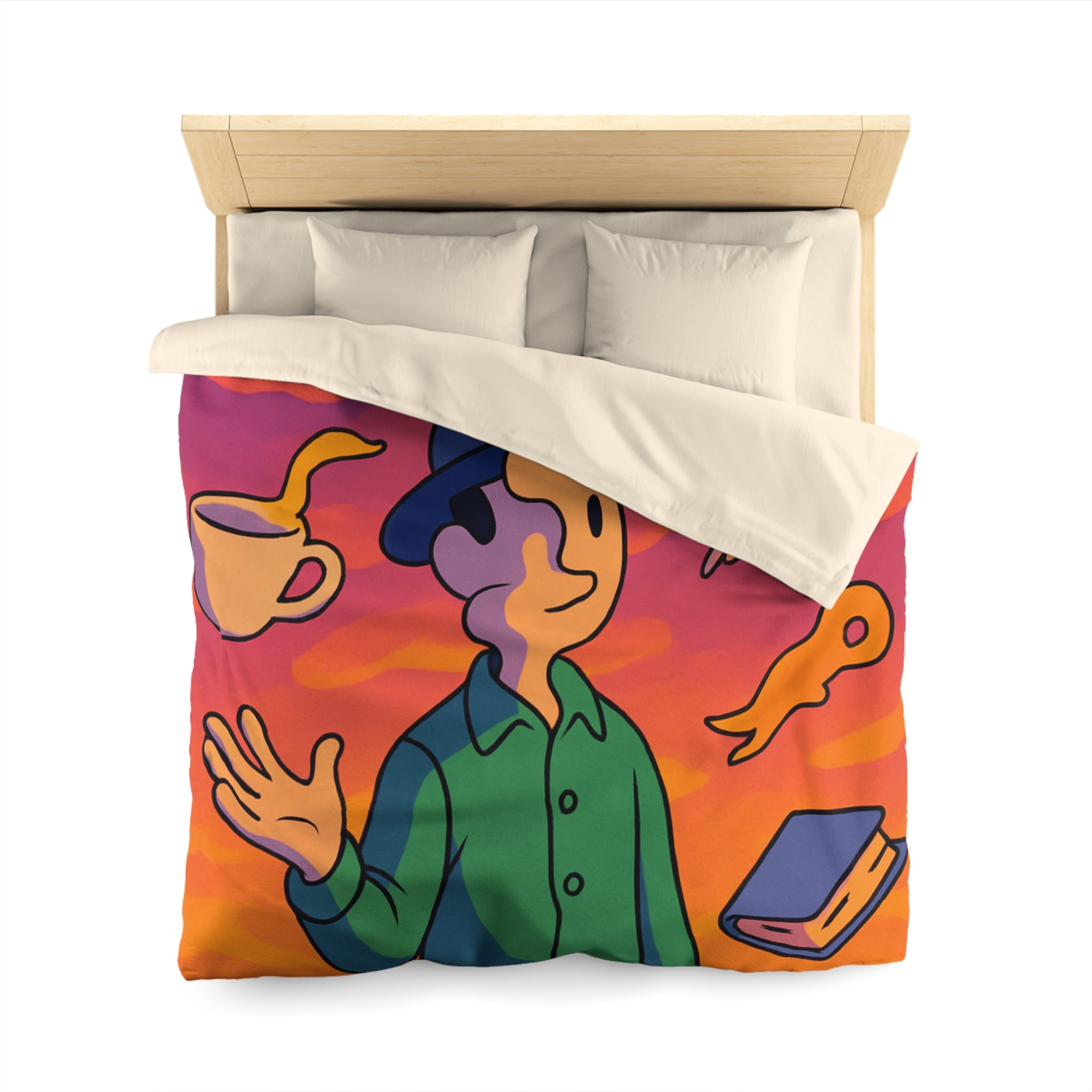Housse de Couette Unique avec Design Surréaliste et Éléments Symboliques Vifs et Colorés