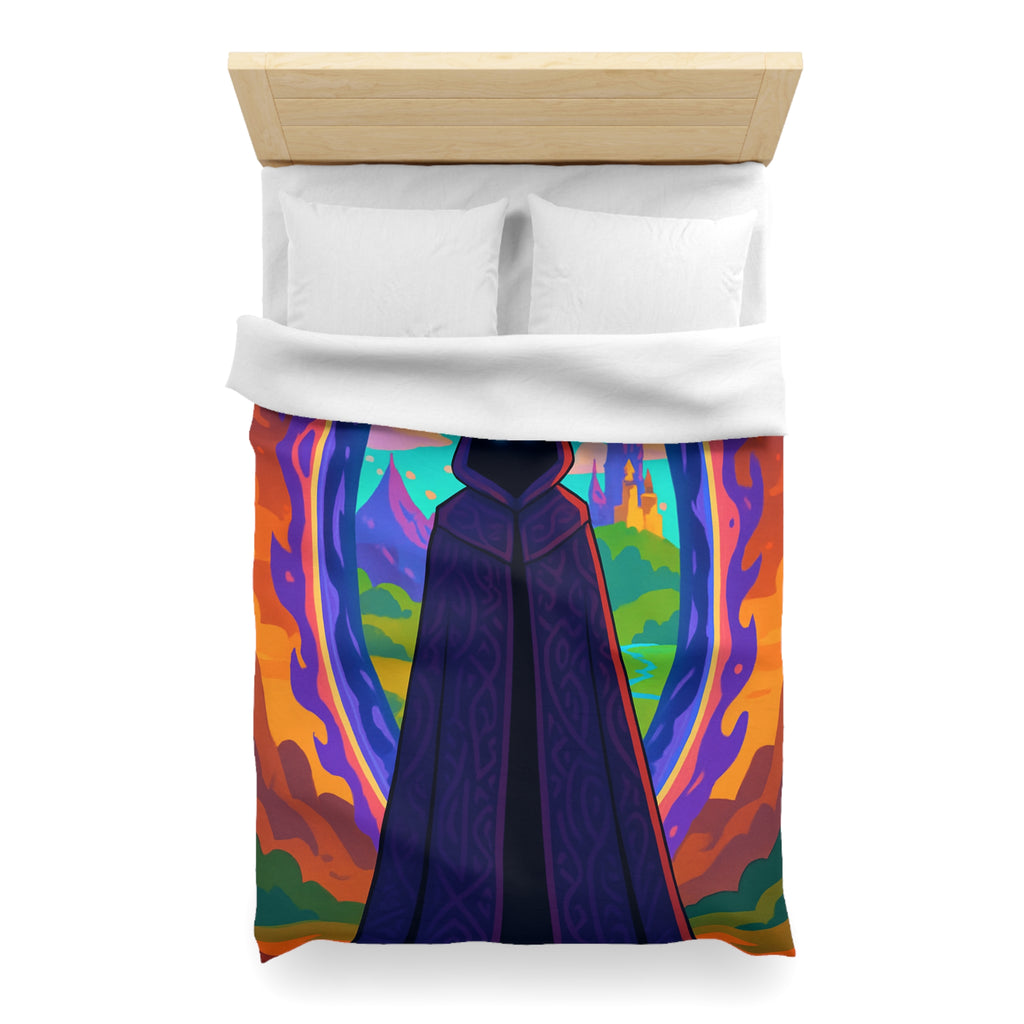 Mystérieux paysage enchanté avec mage en robe près du portail vibrant coloré