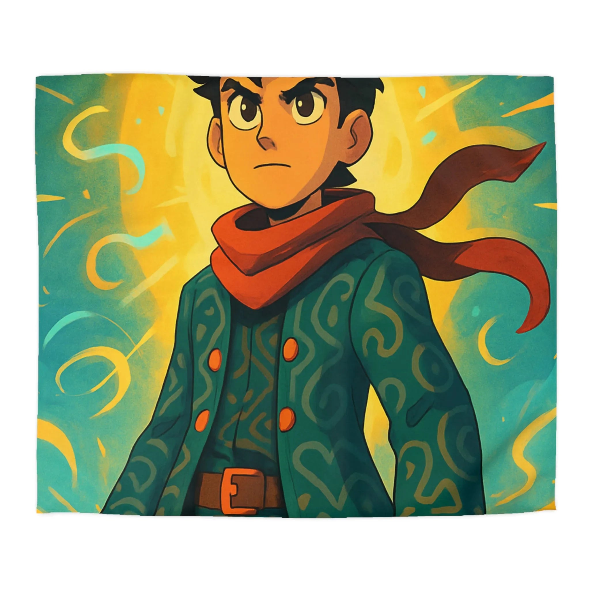 Éclatante illustration magique pour housse de couette avec personnage courageux et motifs abstraits colorés