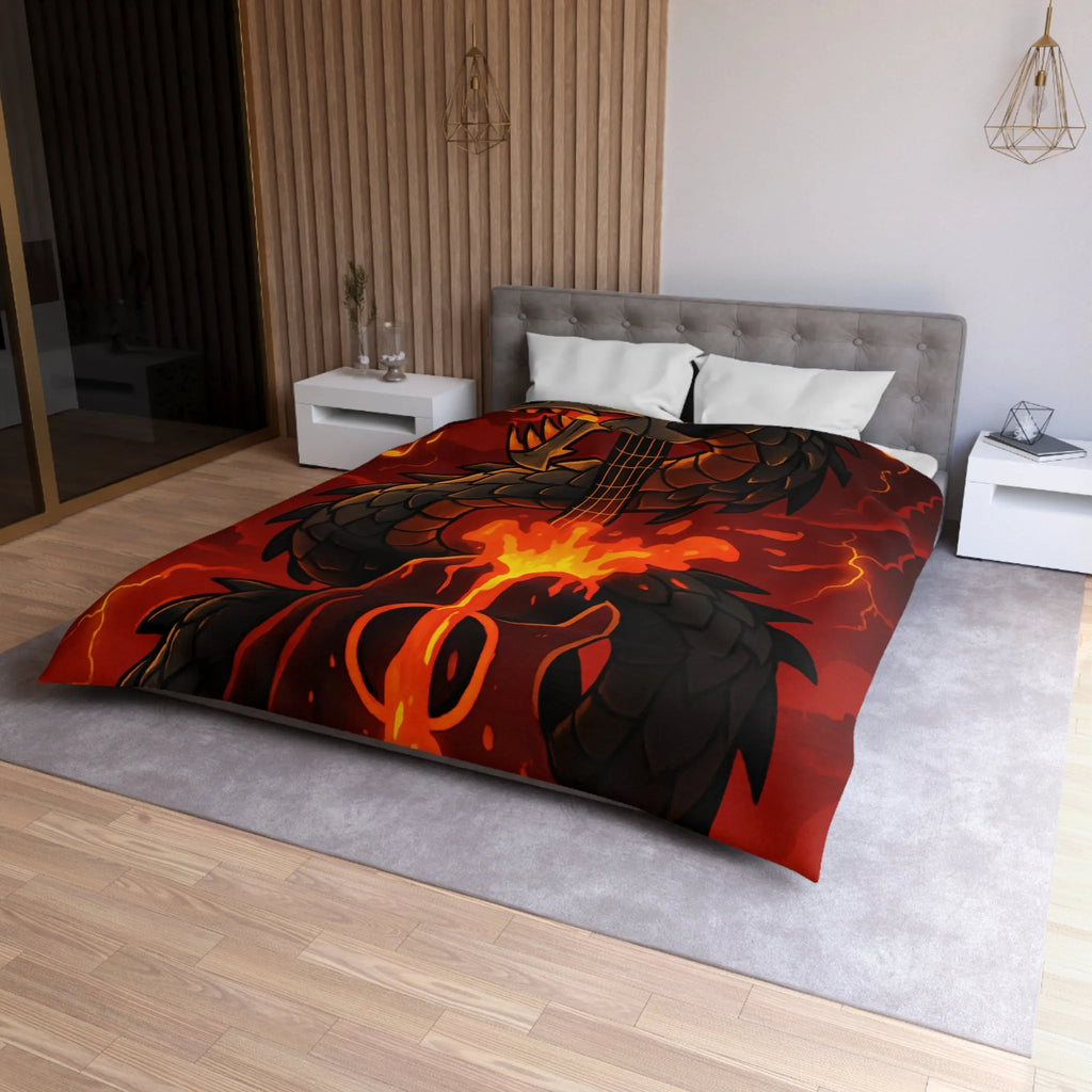 Housse de couette avec dragon noir majestueux et flammes incandescentes, ambiance épique