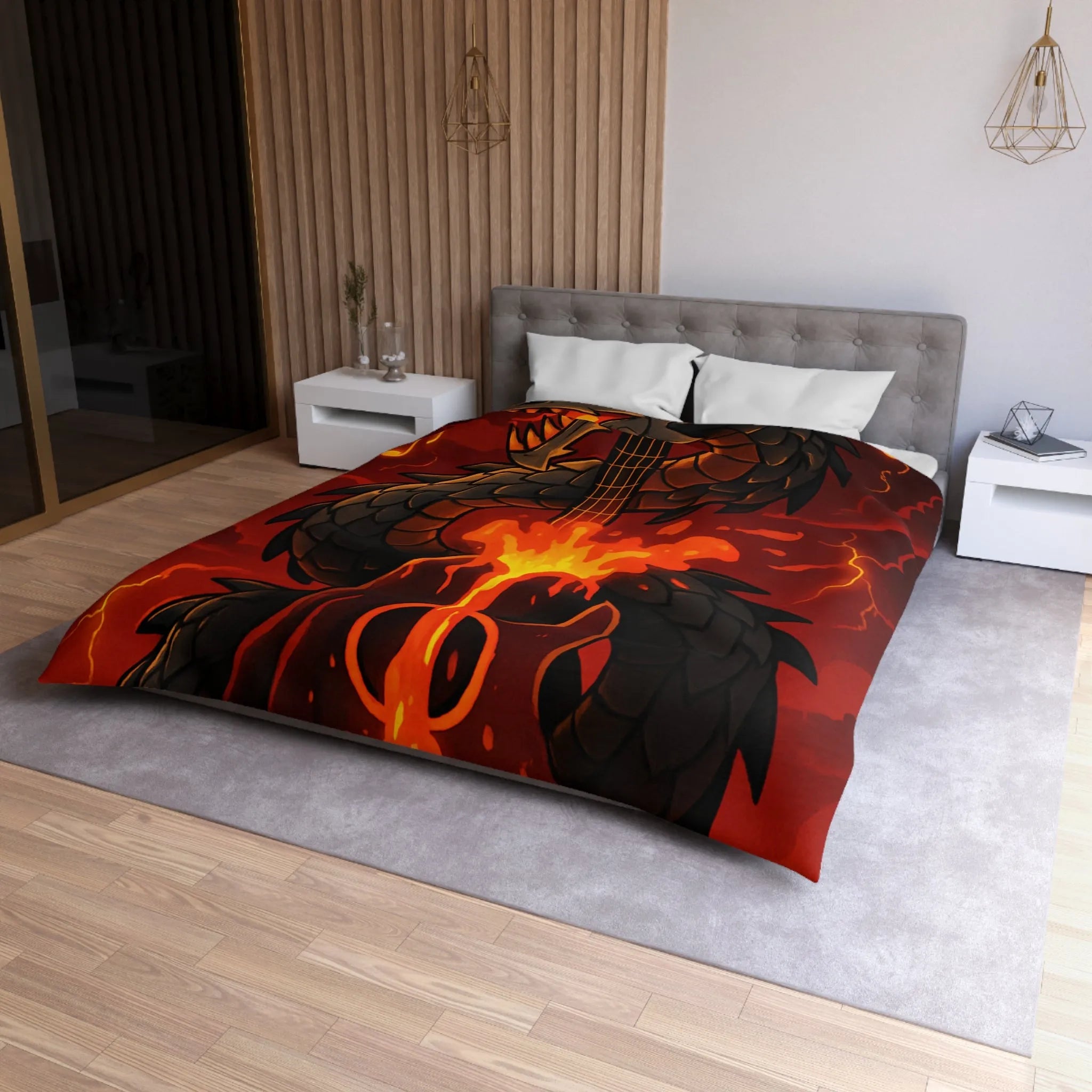 Housse de couette avec dragon noir majestueux et flammes incandescentes, ambiance épique