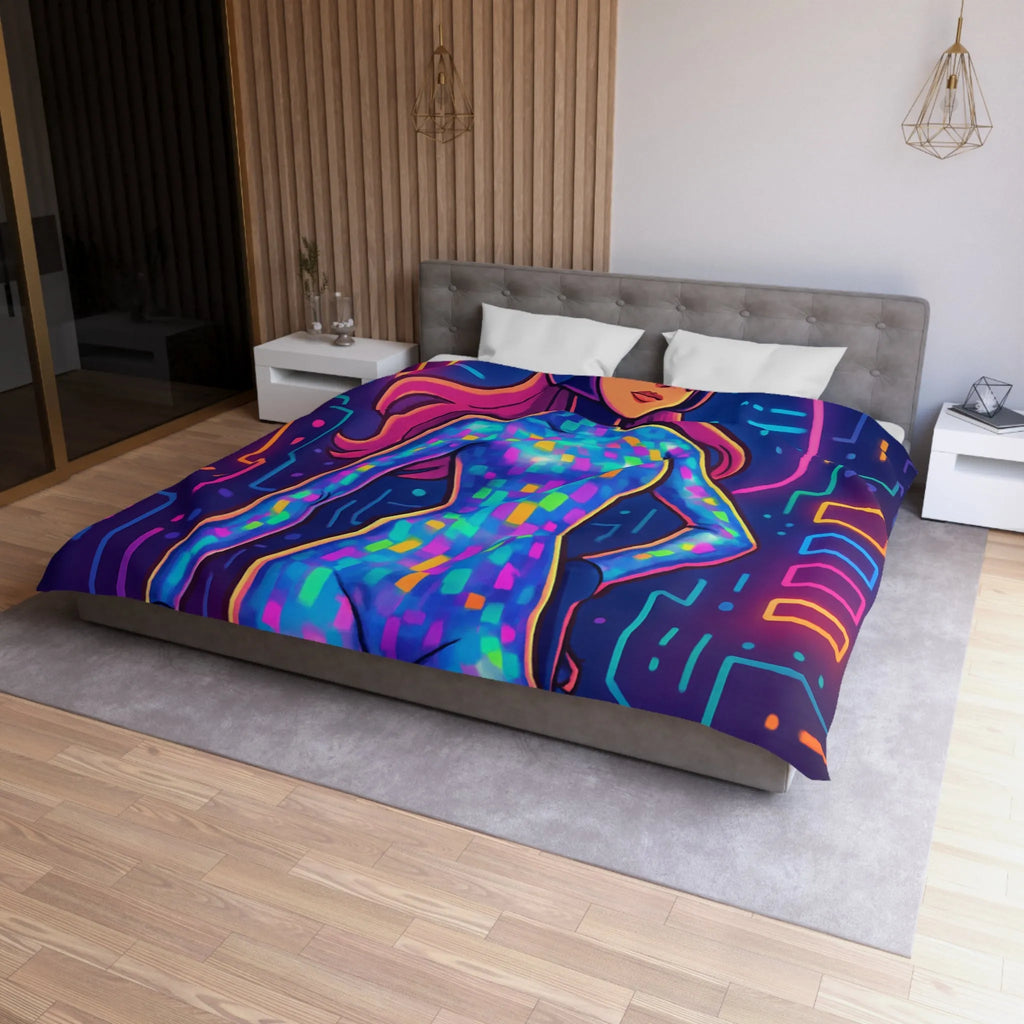 Housse de couette futuriste néon avec motif de femme cyborg colorée et lumineuse