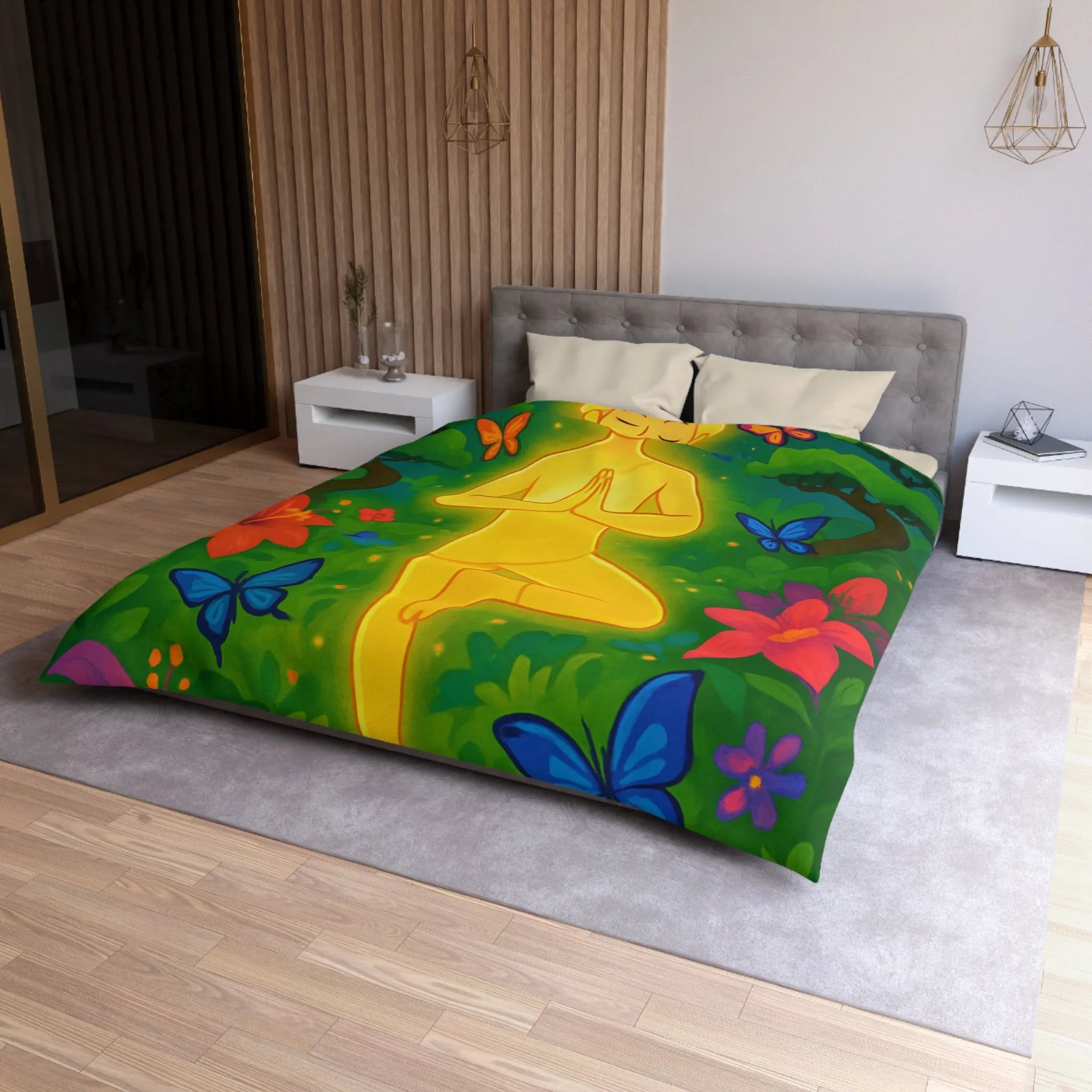 Housse de Couette avec Design Méditatif et Papillons Multicolores en Forêt Luxuriante