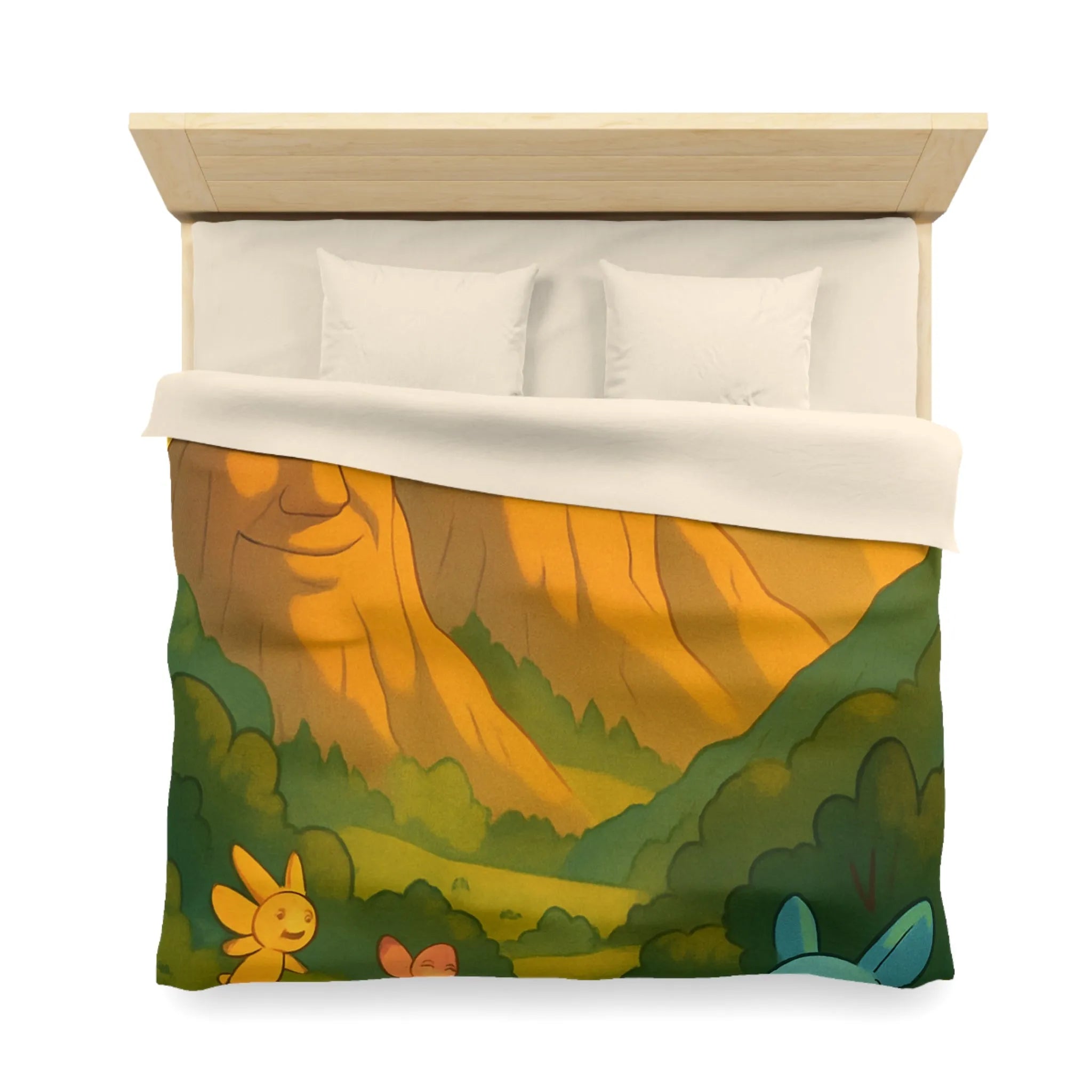 Housse de couette enfantine avec créatures en forêt sous montagnes souriantes au coucher de soleil