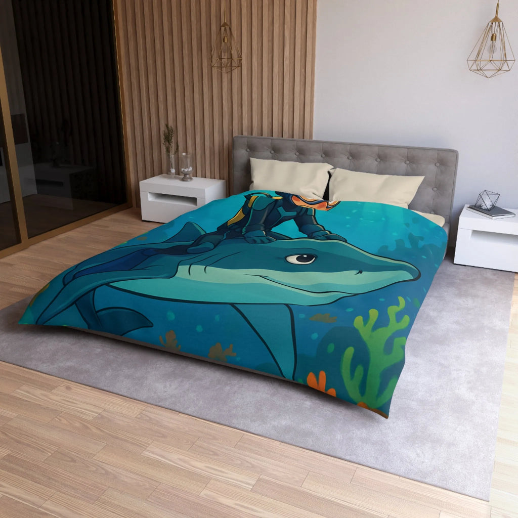 Housse de Couette Enfant Océan Aventure avec Requin et Plongeur pour Chambre Colorée