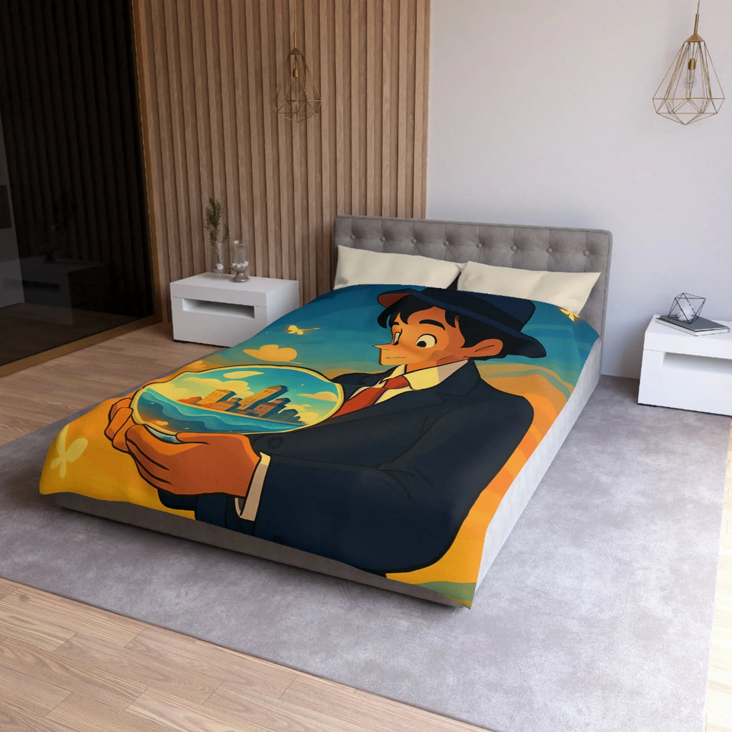 Housse de couette avec illustration surréaliste d'un homme tenant une sphère magique