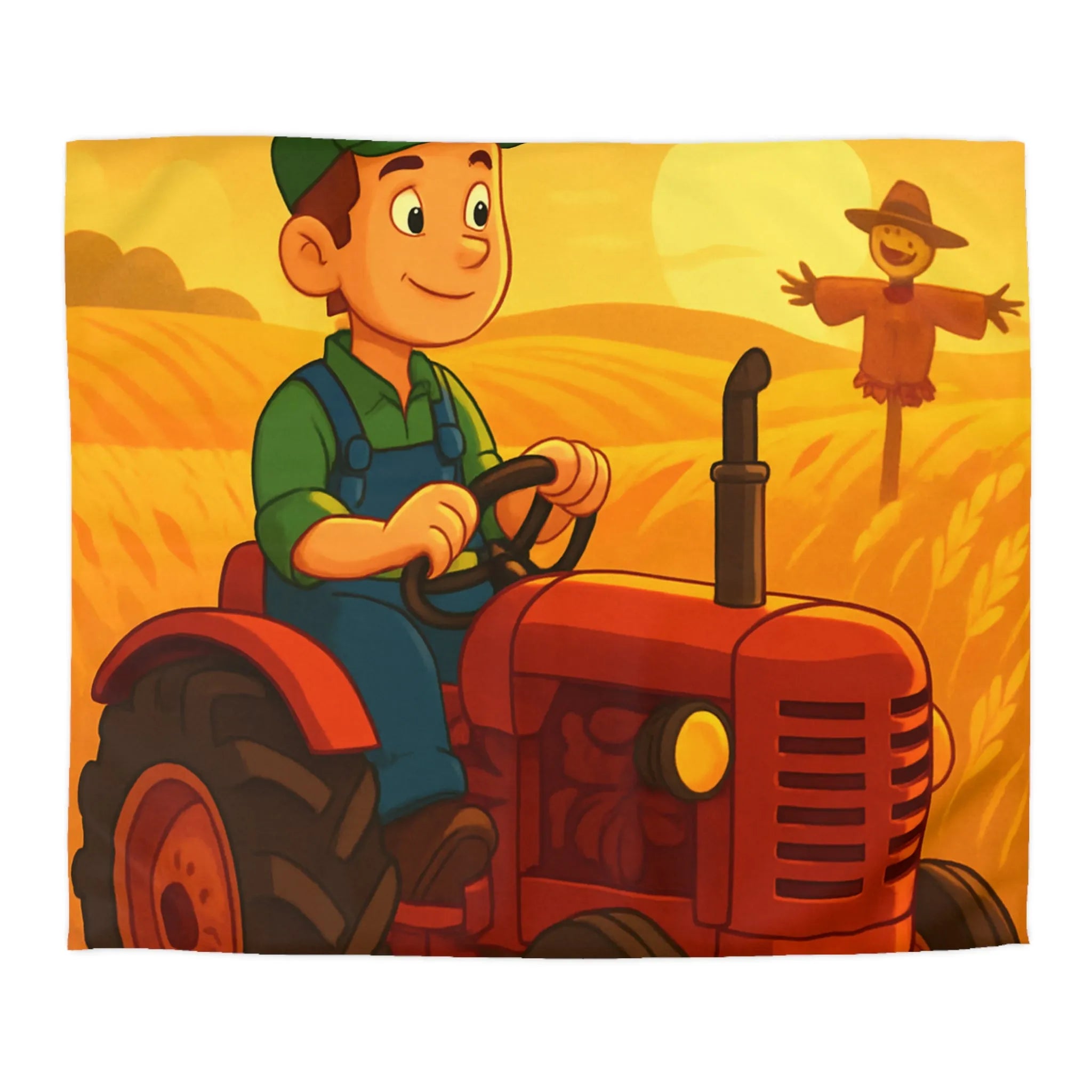 Housse de couette avec motif champêtre : tracteur, épouvantail et champ sous soleil couchant