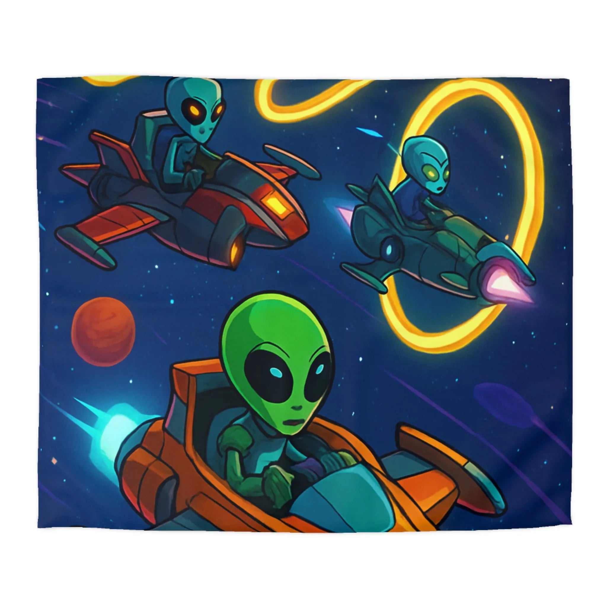 Housse de Couette avec Motifs d'Aliens en Course Spatiale et Anneaux Lumineux