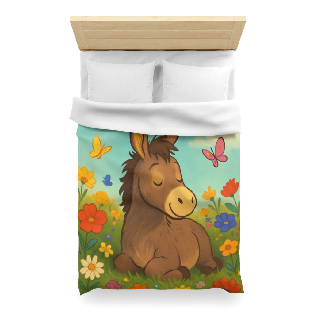 Housse de couette enfant Âne endormi, fleurs colorées et papillons dans un pré