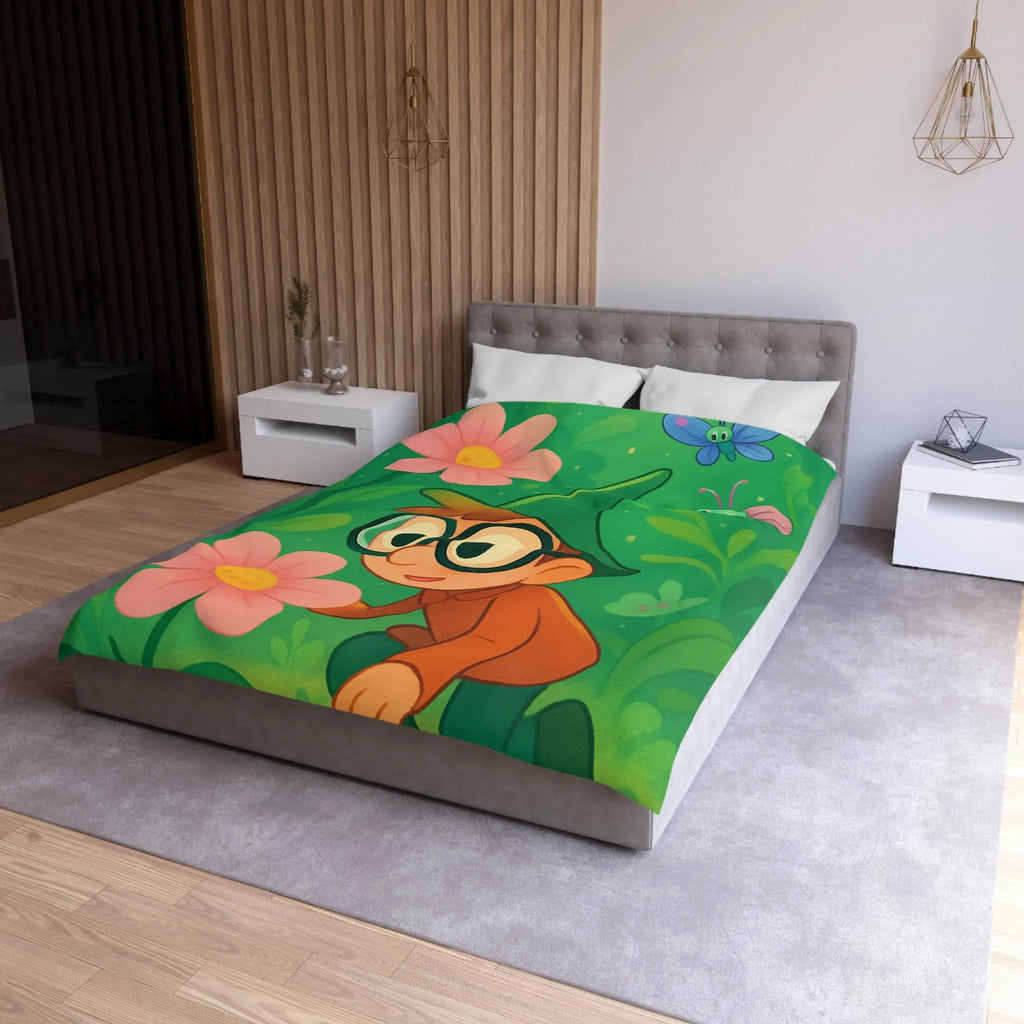 Housse de couette enfants magique jardin avec garçon et fleurs papillon colorés