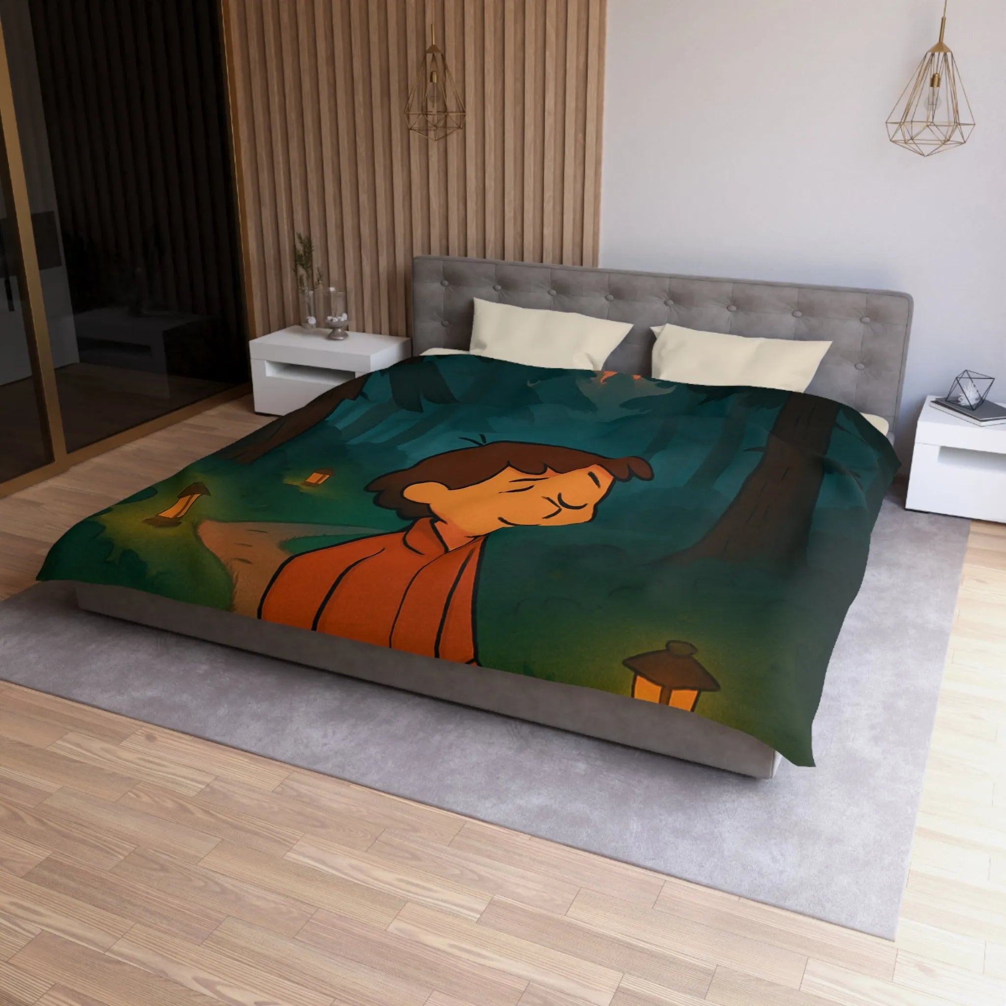 Housse de couette enfantine avec décor paisible de forêt au crépuscule pleine de lanternes