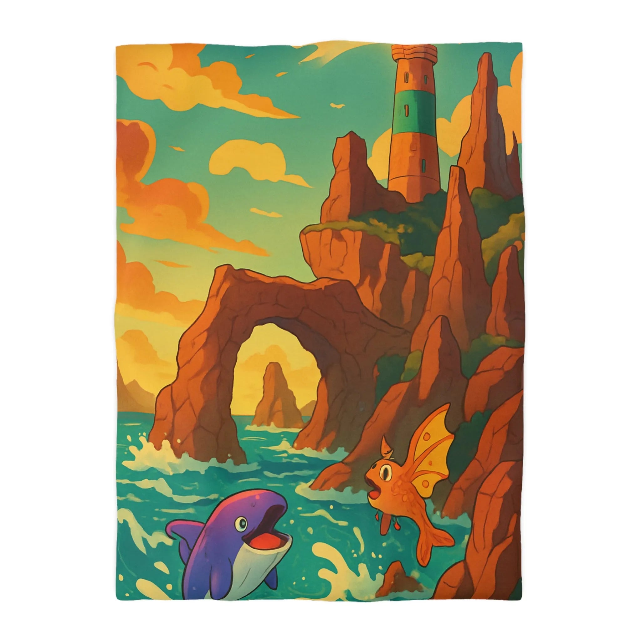 Fantastique peinture de poissons et dauphin avec phare sur fond de mer colorée