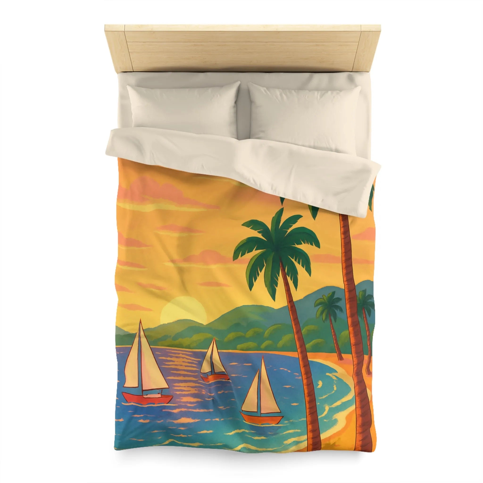 Housse de couette avec motif tropical, plage, palmiers et voiliers au coucher de soleil